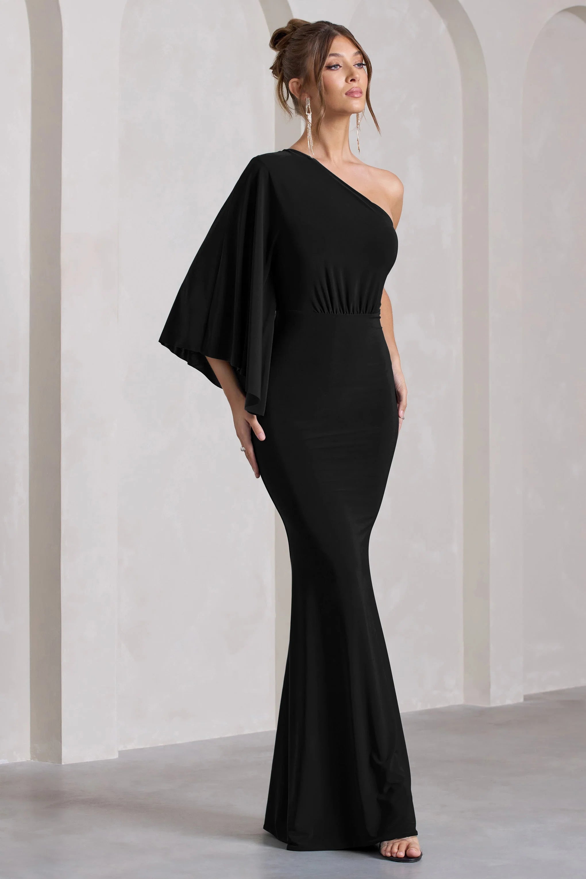 Luciana | Black Asymmetric Maxi Dress With Drape Sleeve