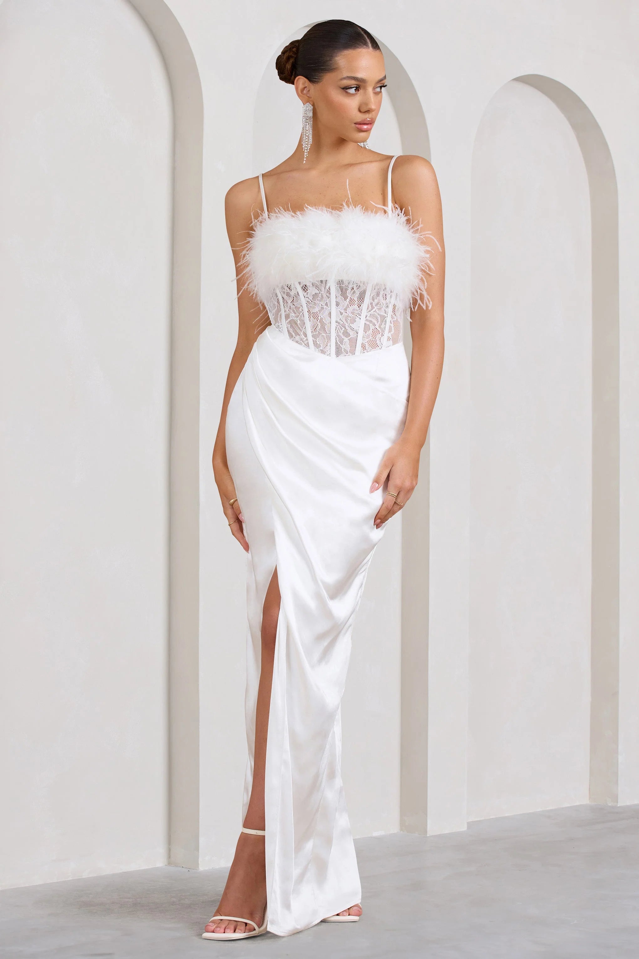 Countess | White Lace Corset Maxi Dress With Feather Trim