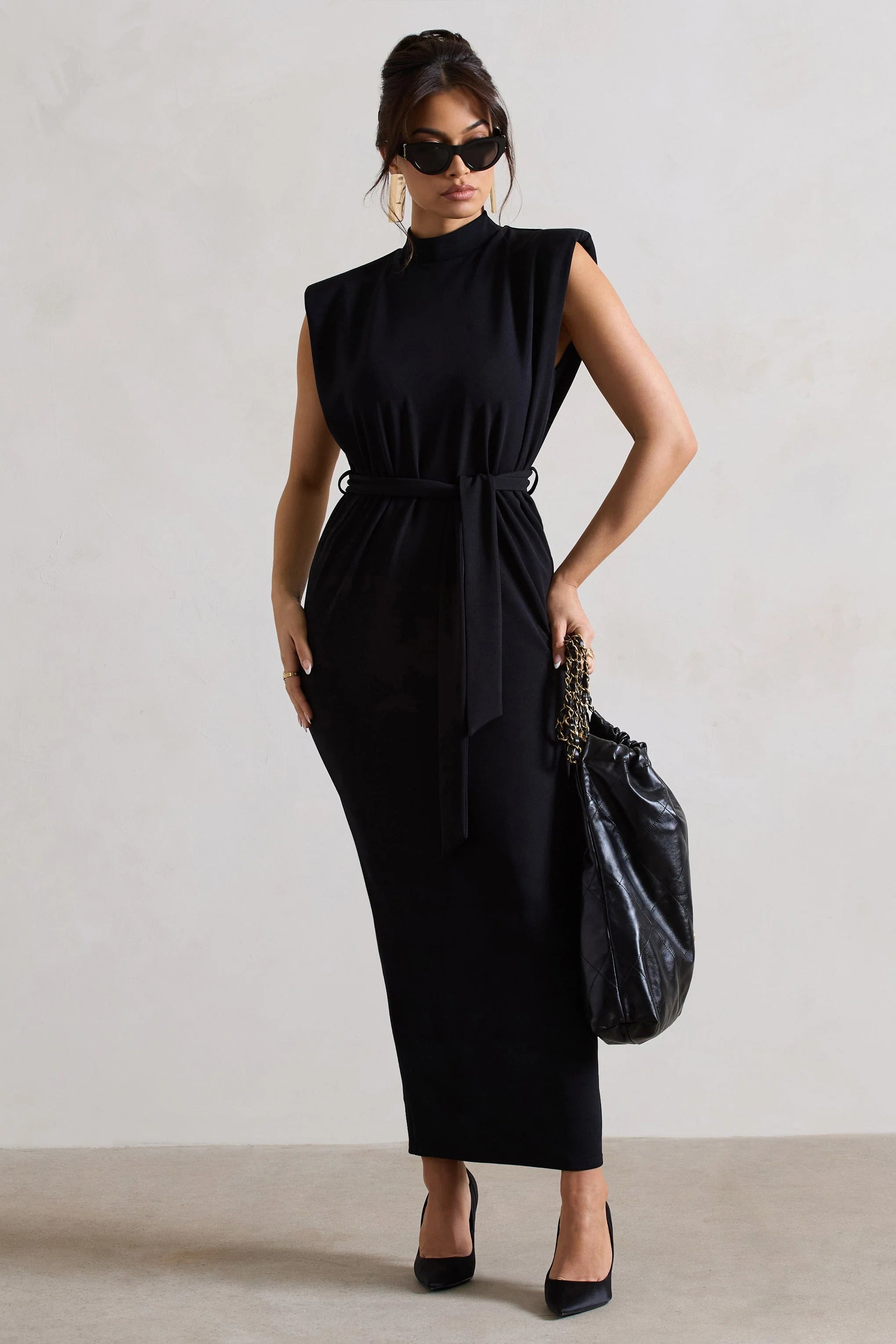 Abbie | Black High-Neck Maxi Dress With Tie Waist