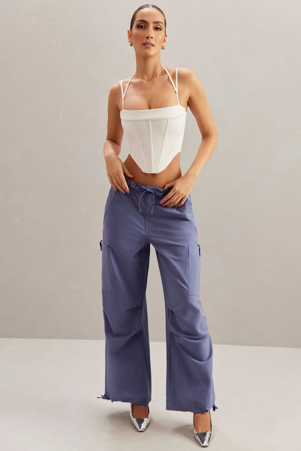 Petite Wide Leg Cargo Trousers in Dusty Blue