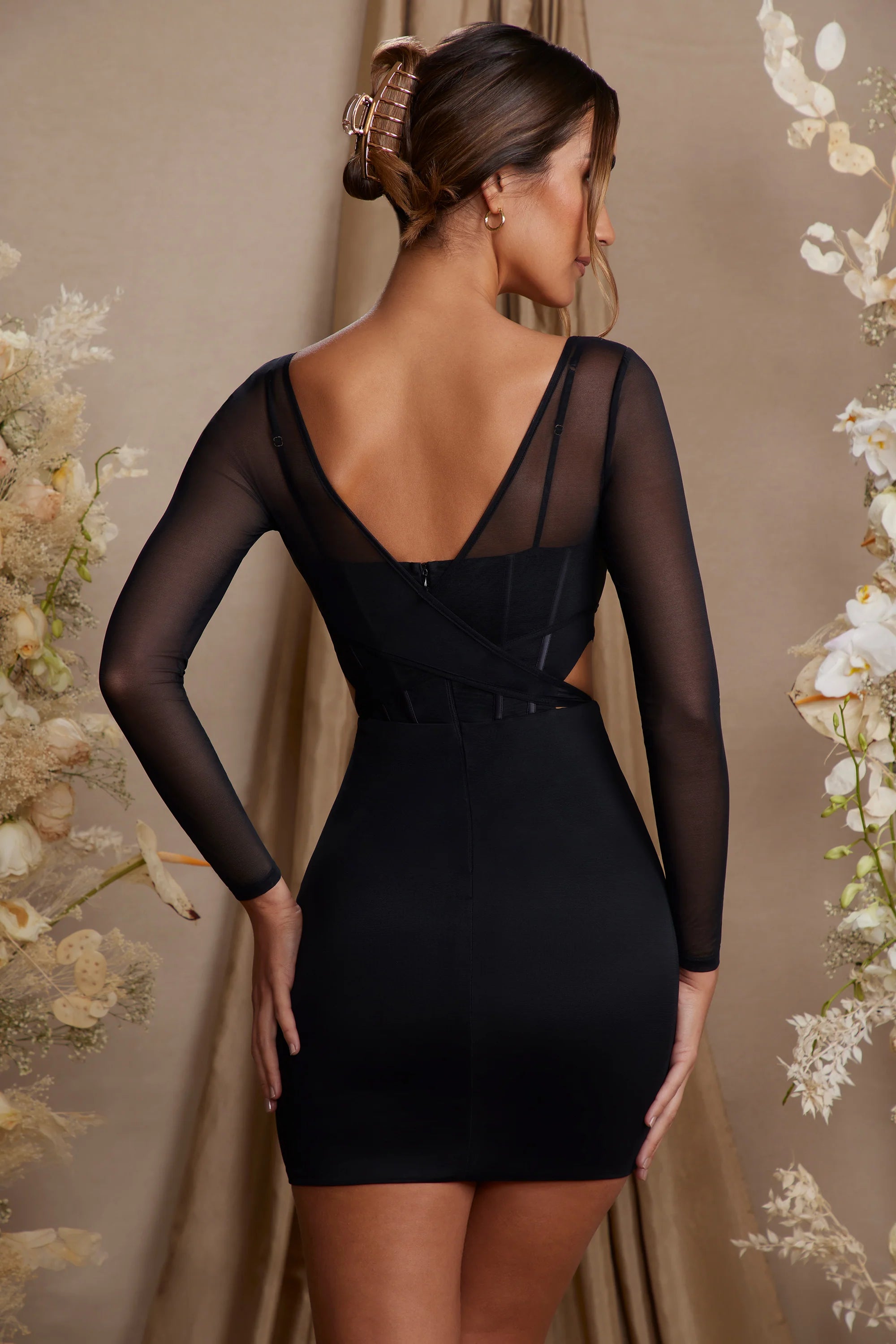 Long Sleeve Layered Corset Mini Dress in Black