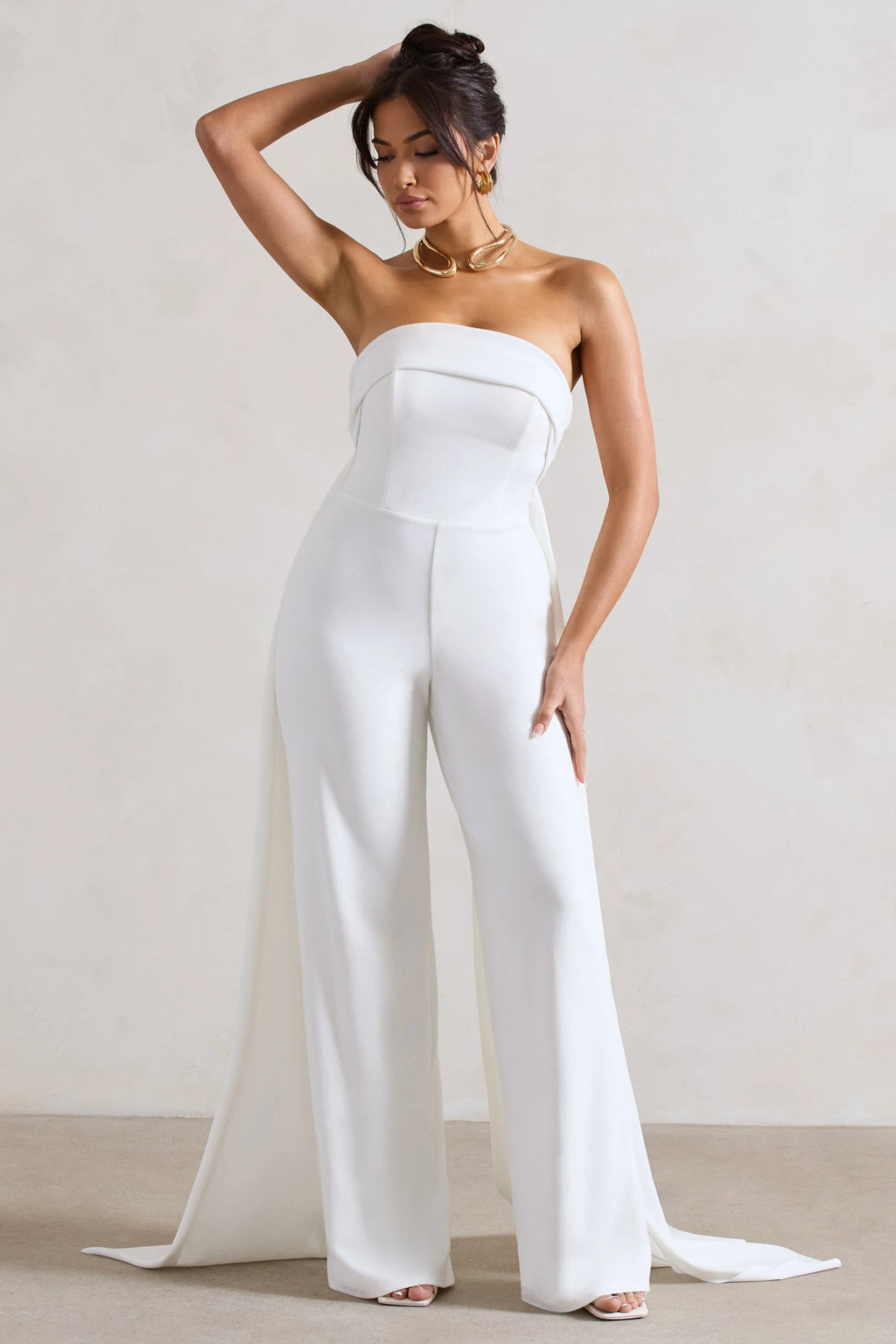 Amaya | White Bandeau Wide-Leg Jumpsuit With Cape
