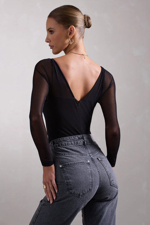 Arienna | Black Ruched Mesh Long-Sleeved Corset Bodysuit