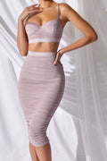 Get Low Ruched Bodycon Midi Skirt in Mauve