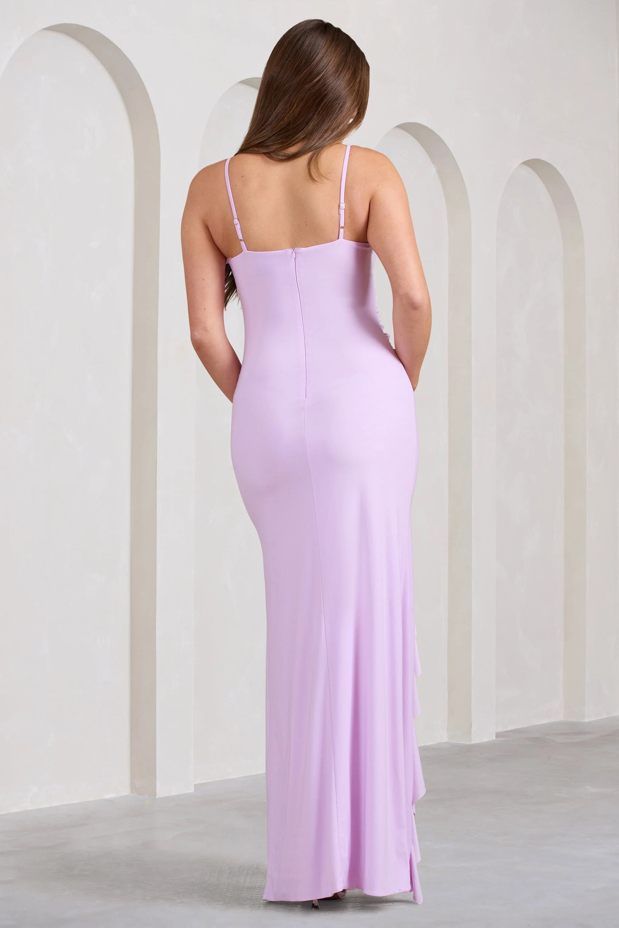 Susan | Lilac Maternity Bandeau Ruffle Maxi Dress With Thigh Splits
