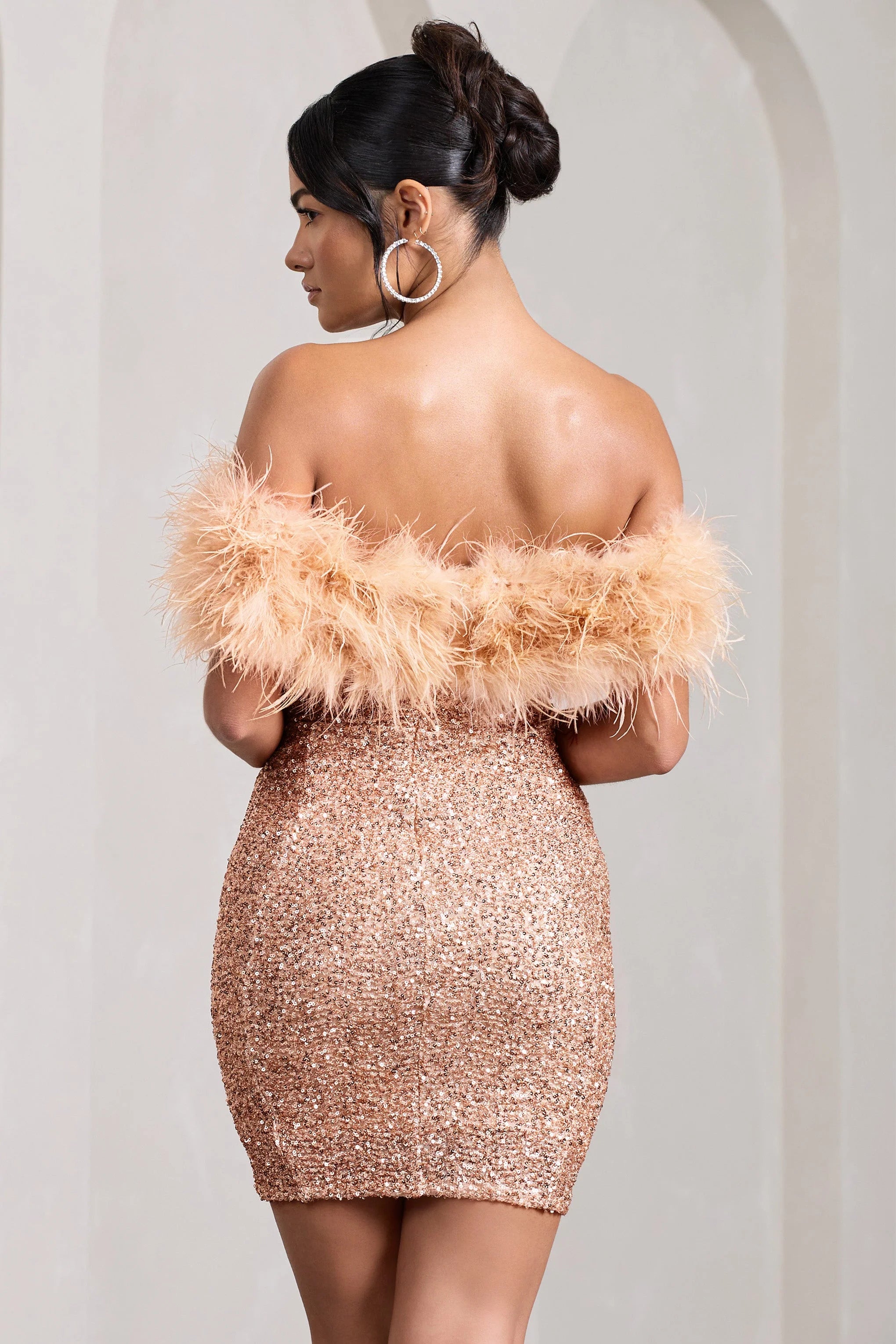 New Money | Gold Bodycon Sequin Mini Dress With Feather Trim