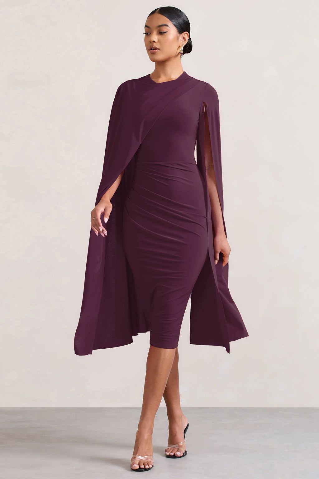 Marysol | Plum Asymmetric Cape Midi Dress