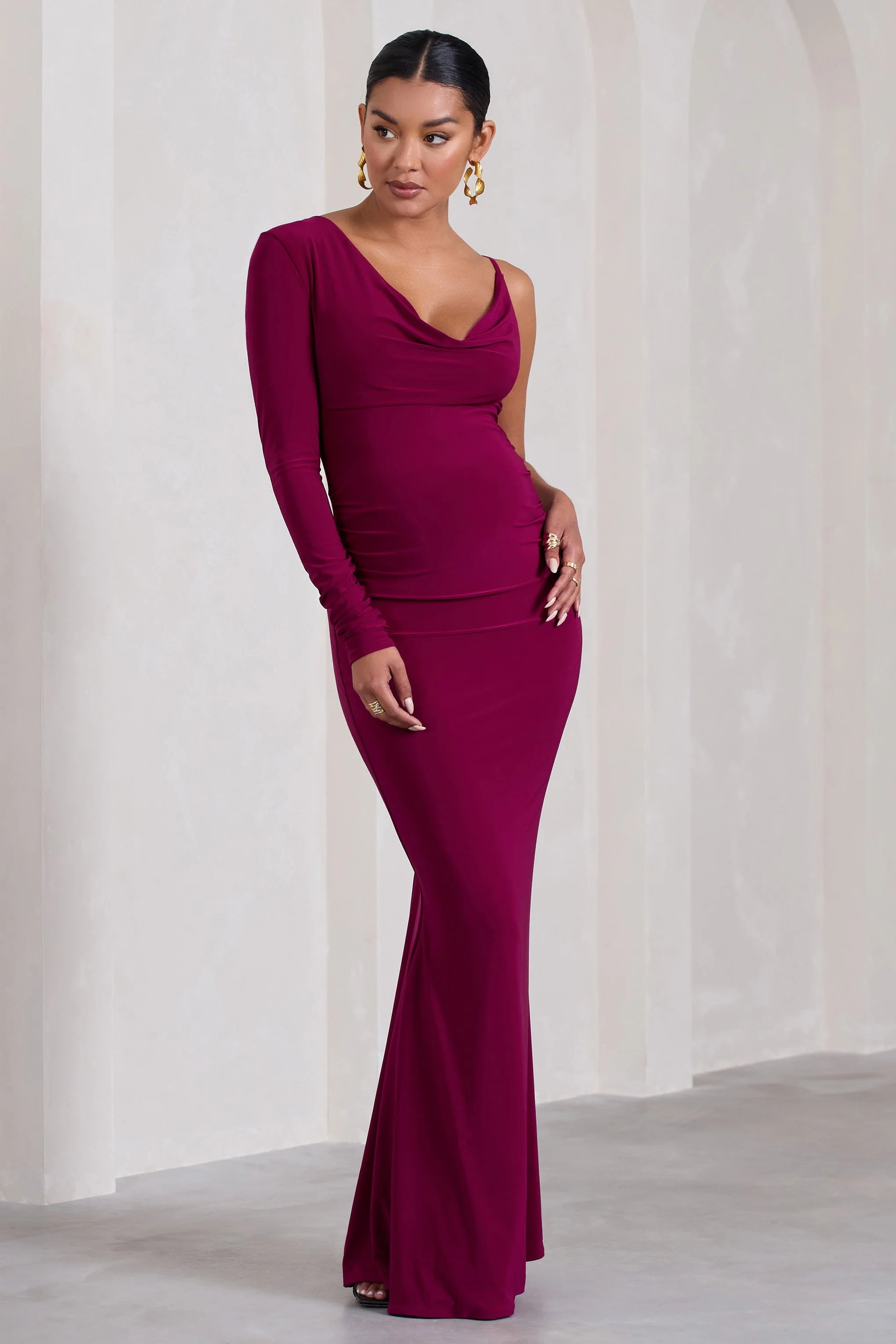 At Dusk | Dark Cherry Maternity One-Sleeved Cowl-Neck Fishtail Maxi Dress