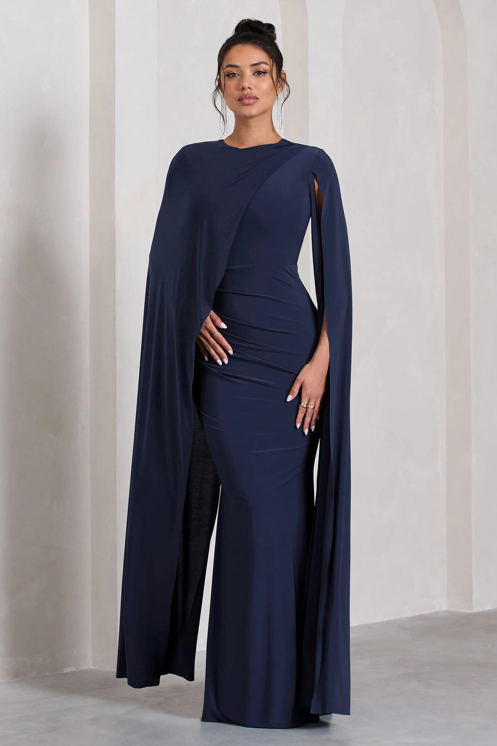 Magdelena | Navy Asymmetric Cape Maxi Dress
