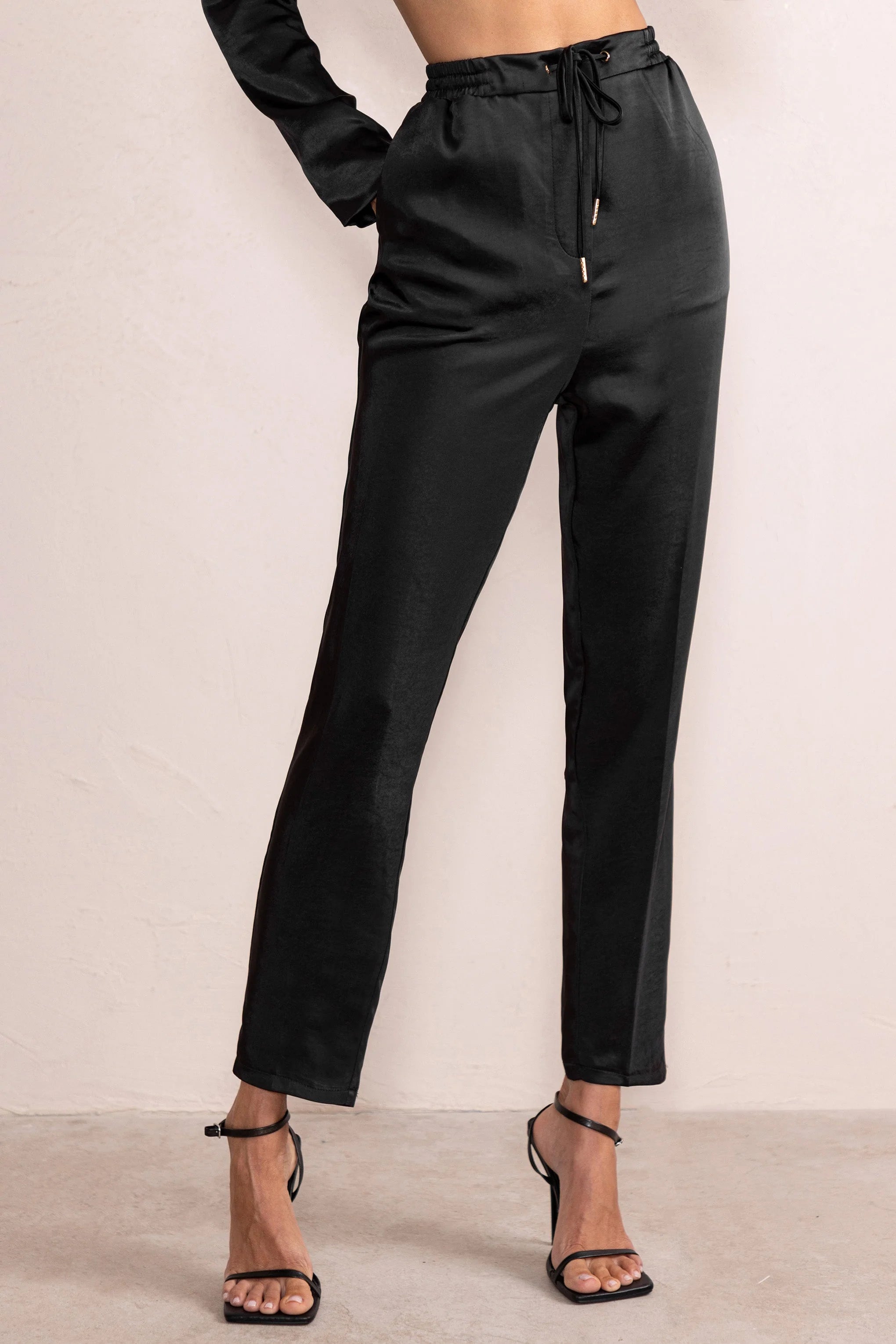 Karina | Black Satin High Waist Tapered Joggers