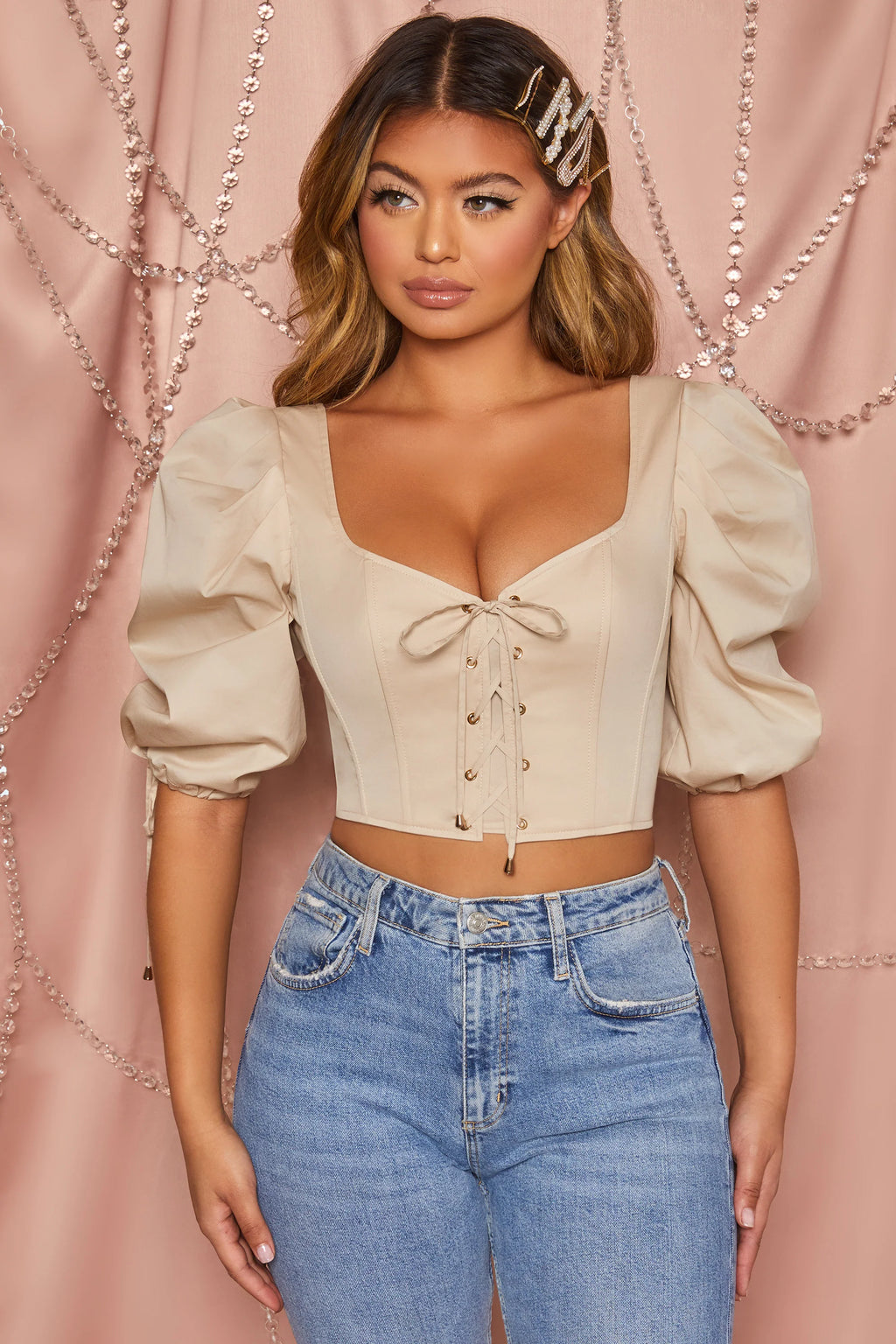 Little Too Lace Puff Sleeve Corset Crop Top in Cream