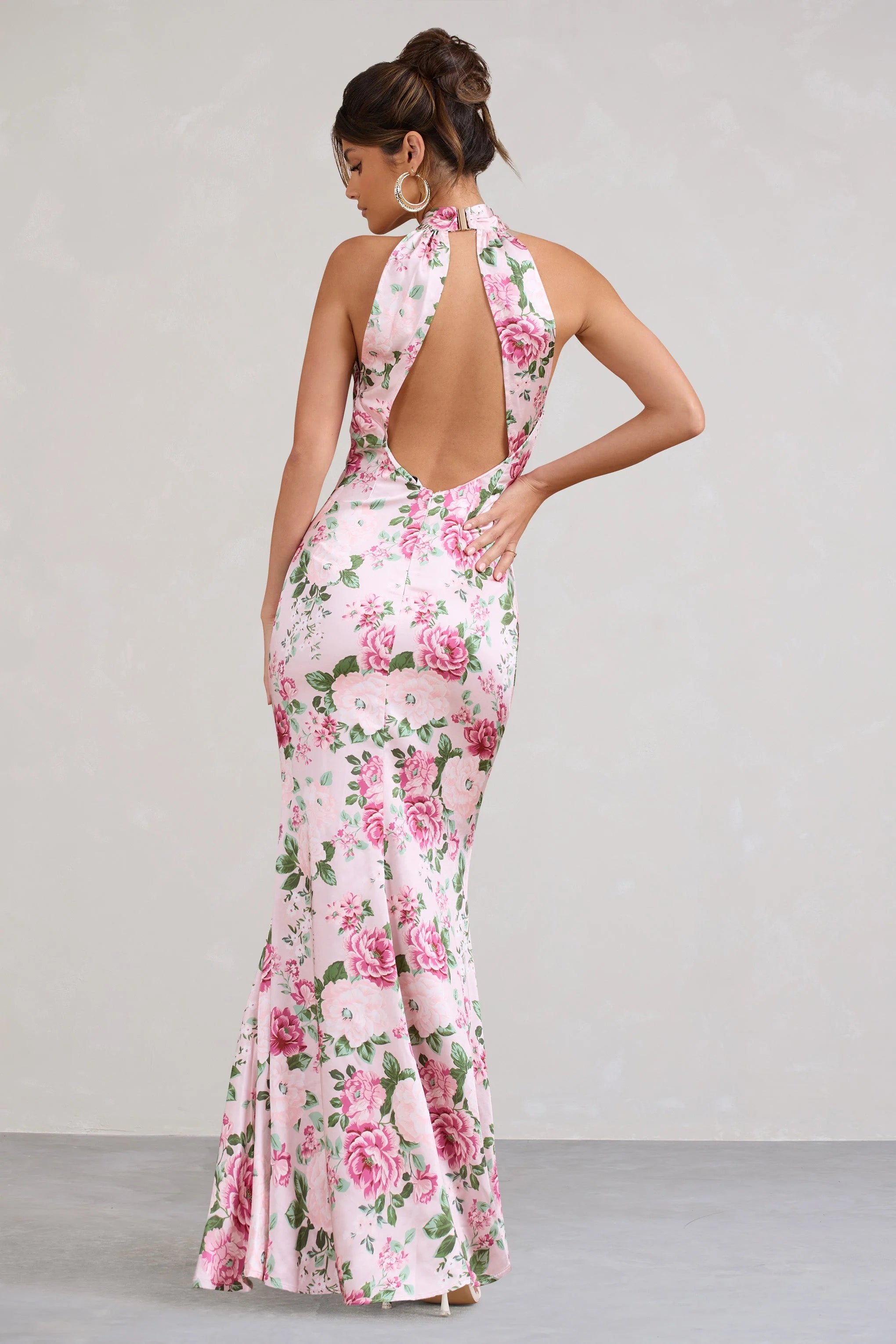 Unstoppable | Pink Floral Print Satin Cross Over Halter Neck Maxi Dress