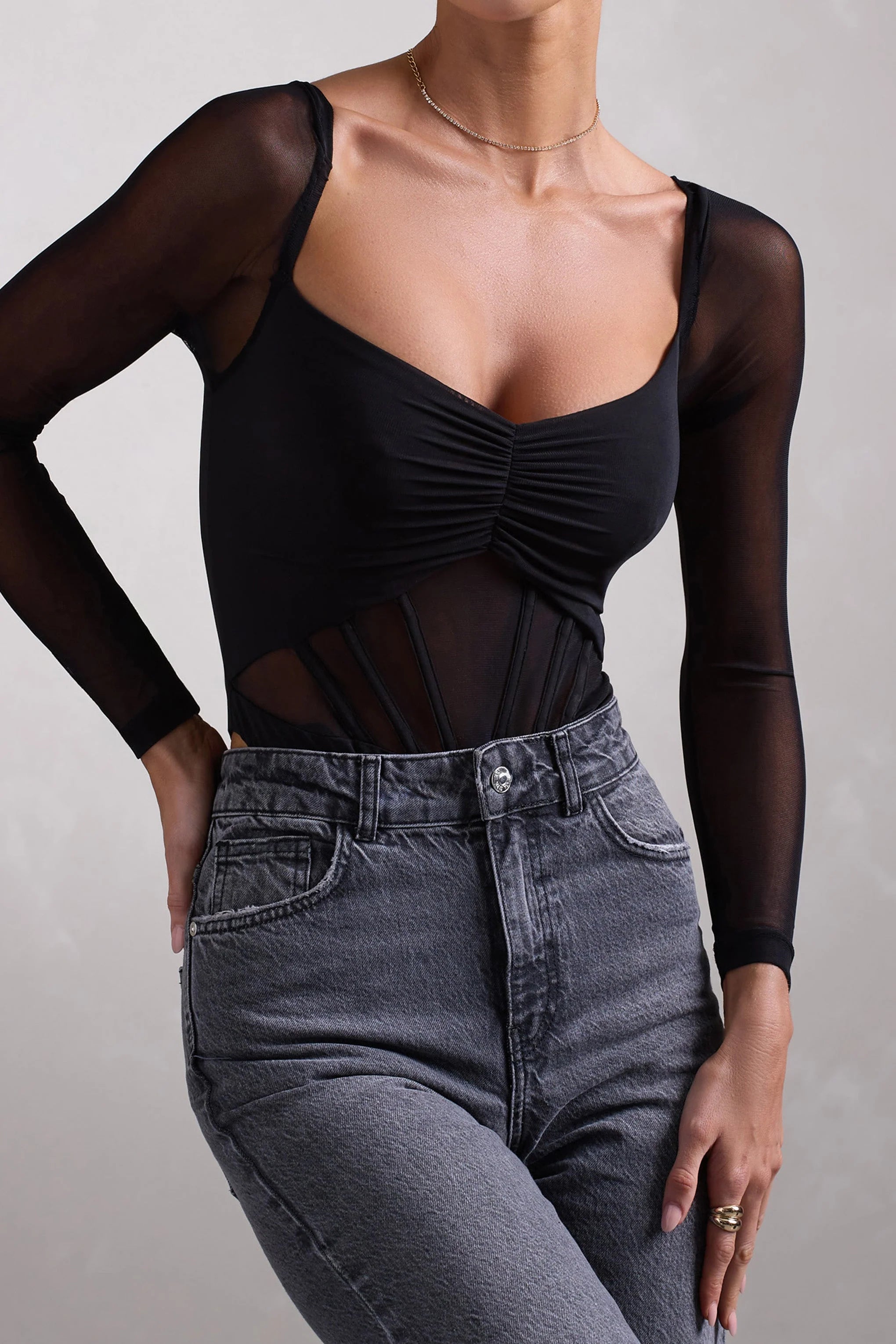 Arienna | Black Ruched Mesh Long-Sleeved Corset Bodysuit