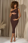 Salome | Chocolate Brown Twisted Asymmetric Maternity Midi Dress