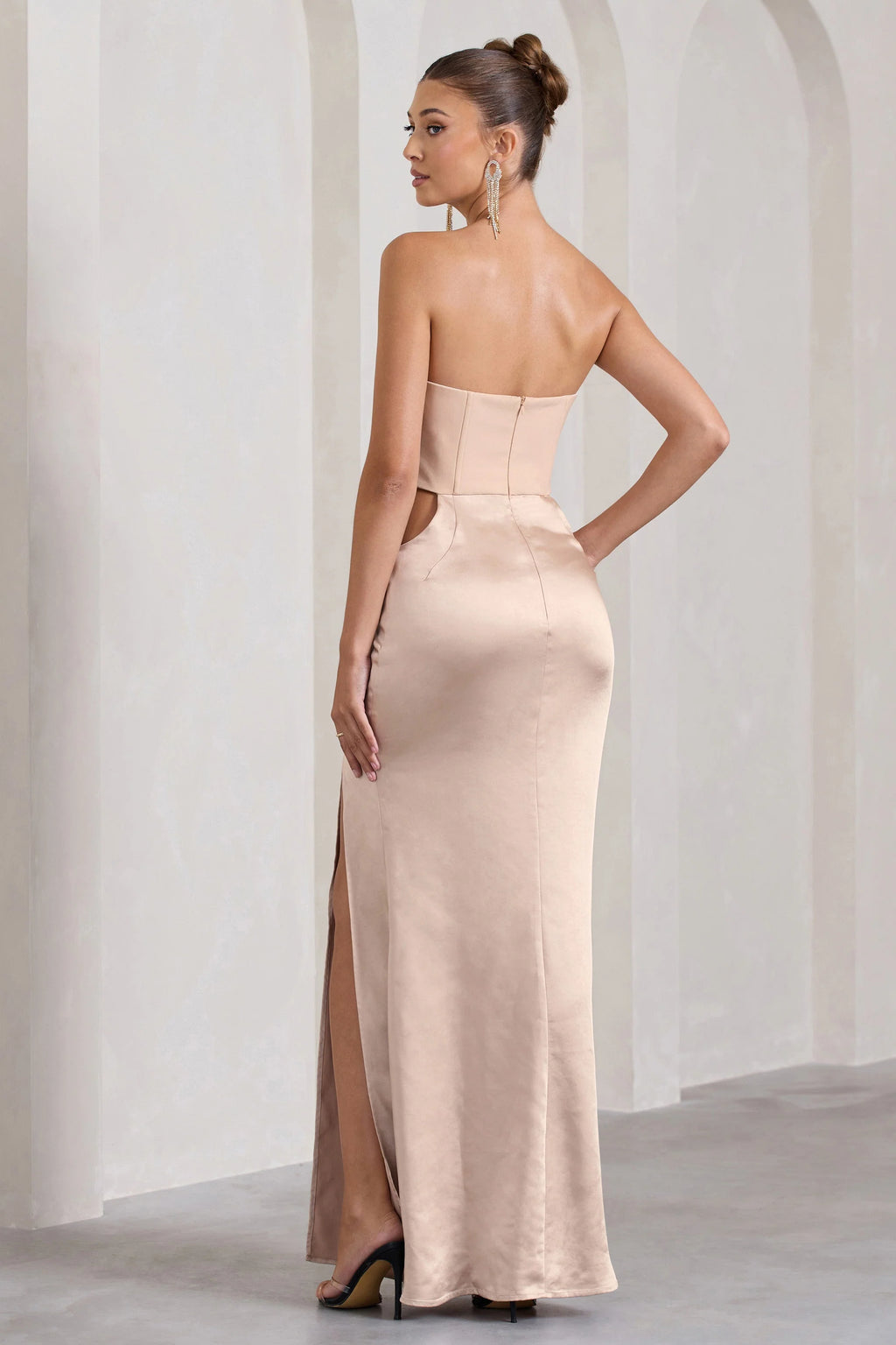 Champagne Showers | Nude Satin Strapless Split Maxi Dress