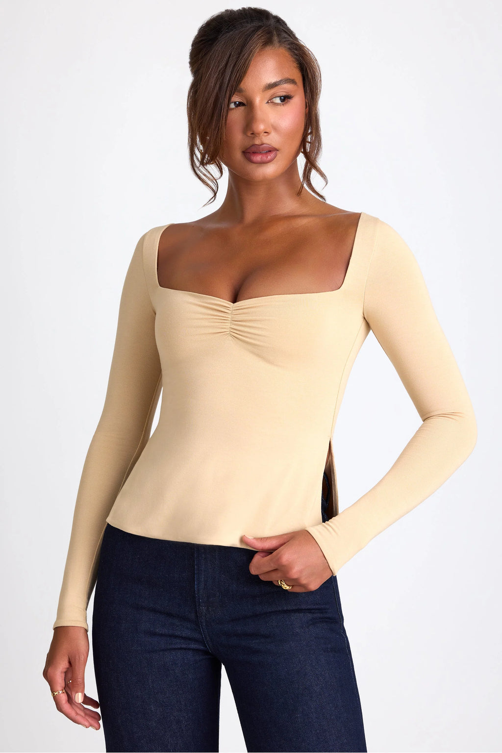 Modal Sweetheart Neckline Long Sleeve Top in Sand