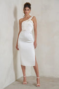 Steffie | Cream Asymmetric Satin Midi Dress