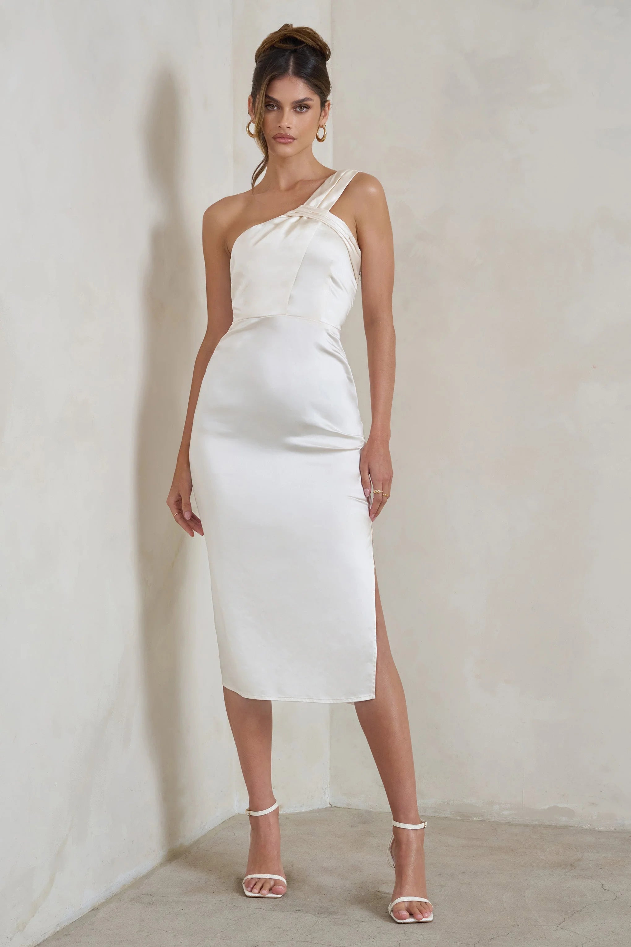 Steffie | Cream Asymmetric Satin Midi Dress