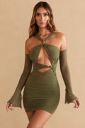 Long Sleeve Cut Out Mini Dress in Olive