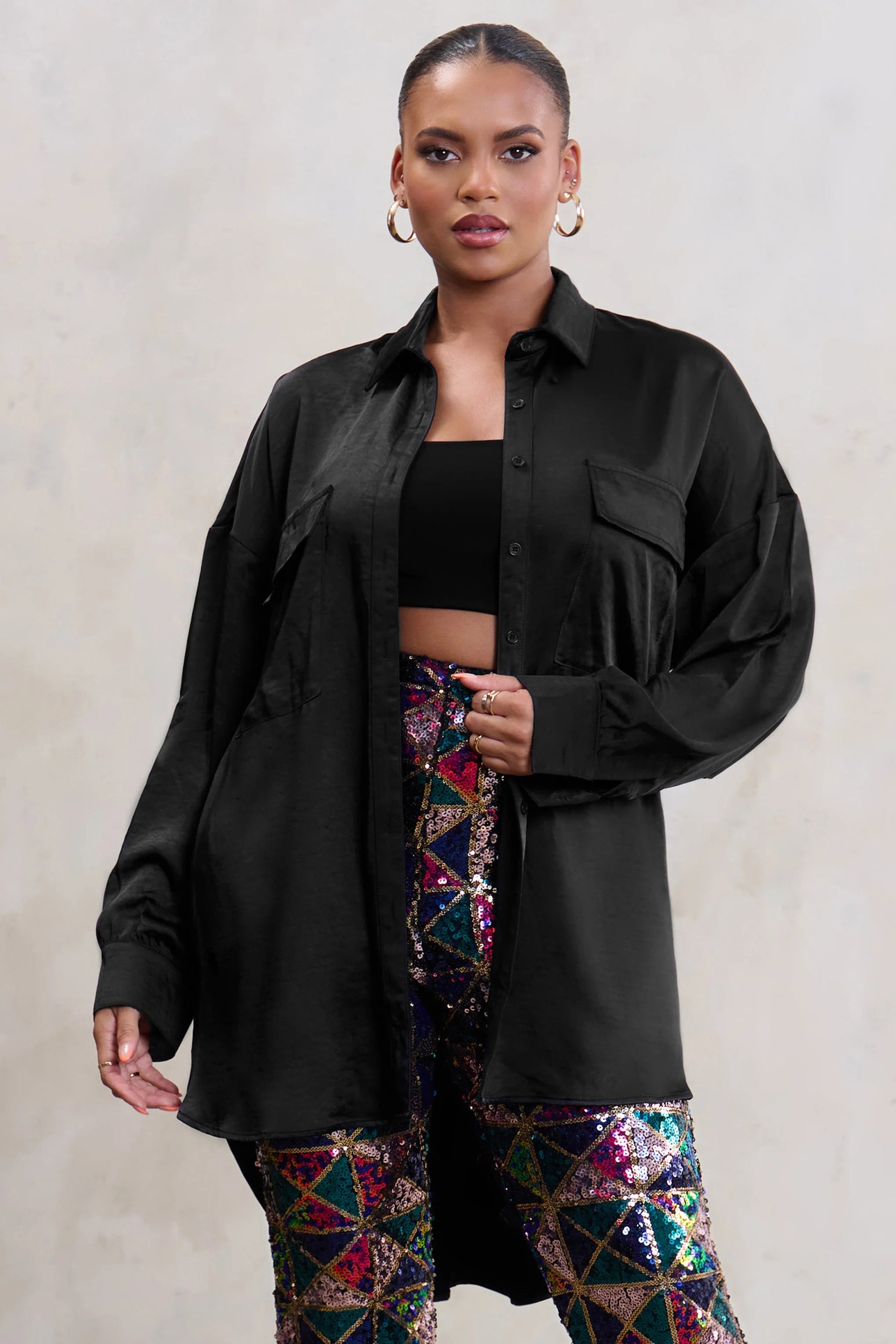 Limitless | Plus Black Oversized Long Sleeve Satin Shirt With Placement Pocket
