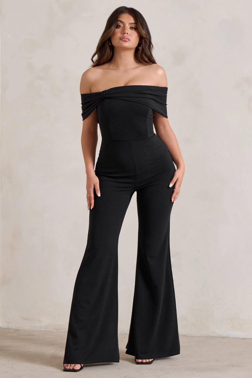 Zoey | Black Bardot Bow Detail Jumpsuit