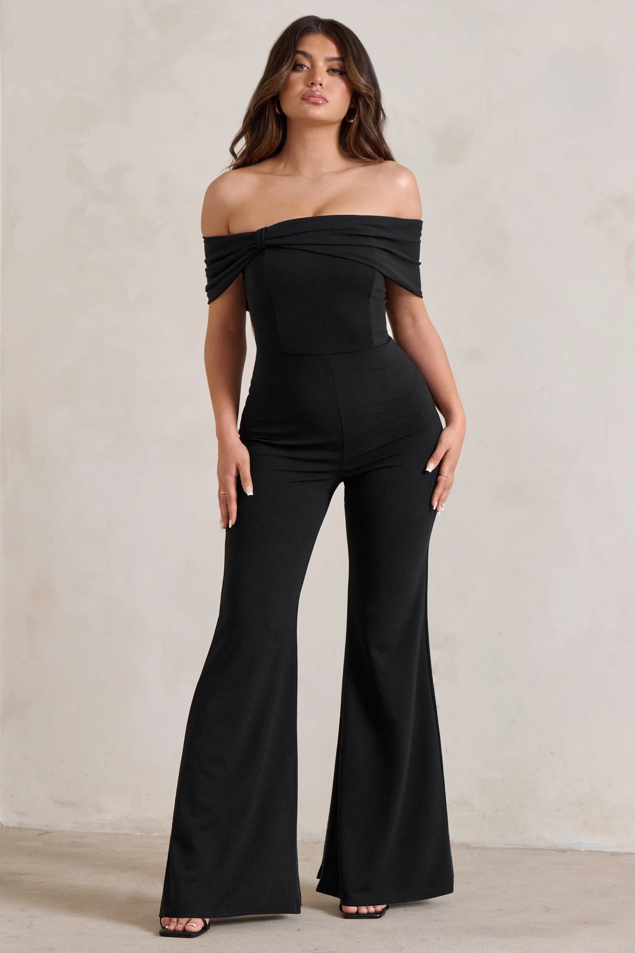 Zoey | Black Bardot Bow Detail Jumpsuit