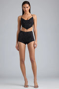 Embellished Mid-Rise Hot Pant Shorts in Black