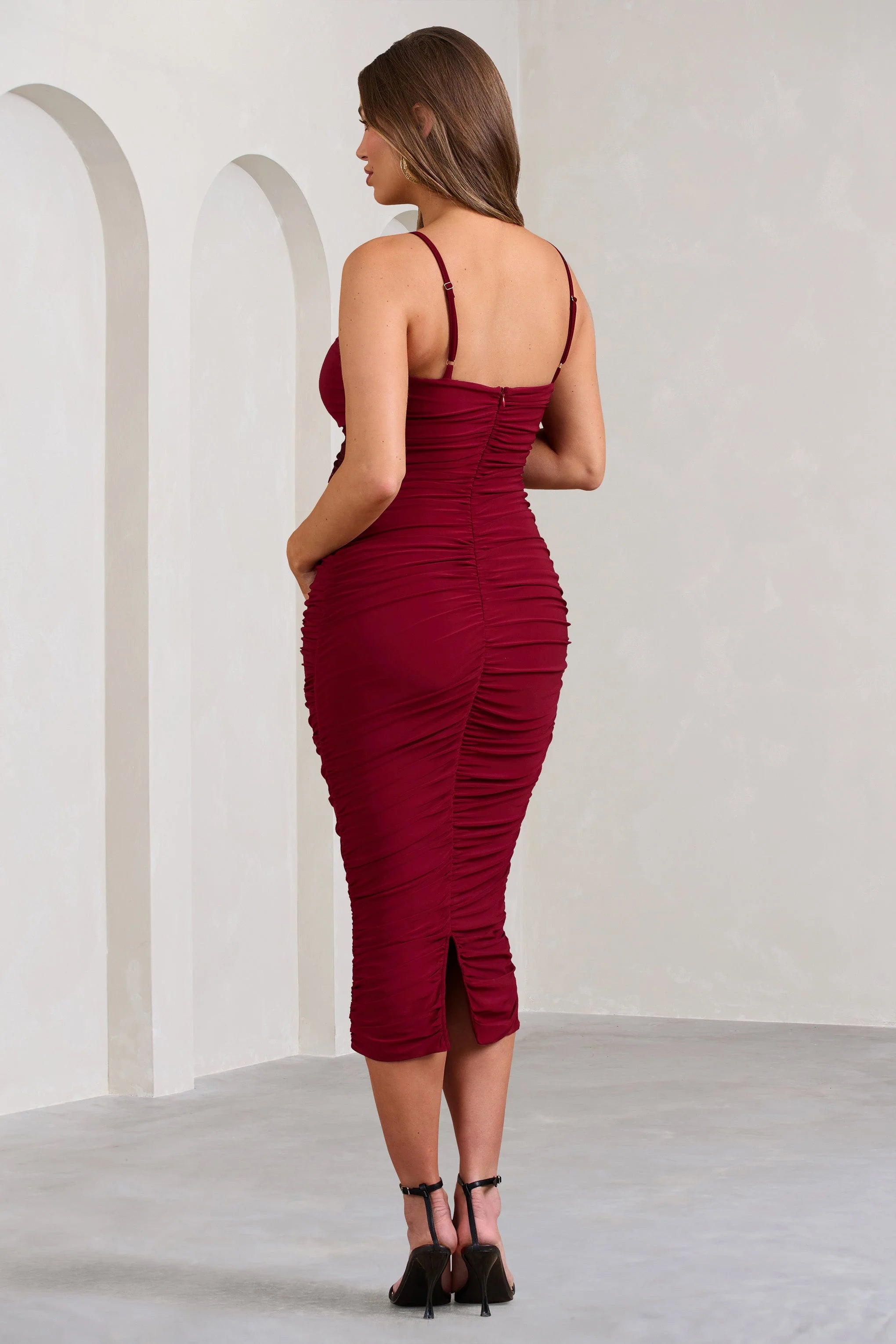 Sentimental | Wine Red Maternity Midi Dress with Cami Straps and Ruching