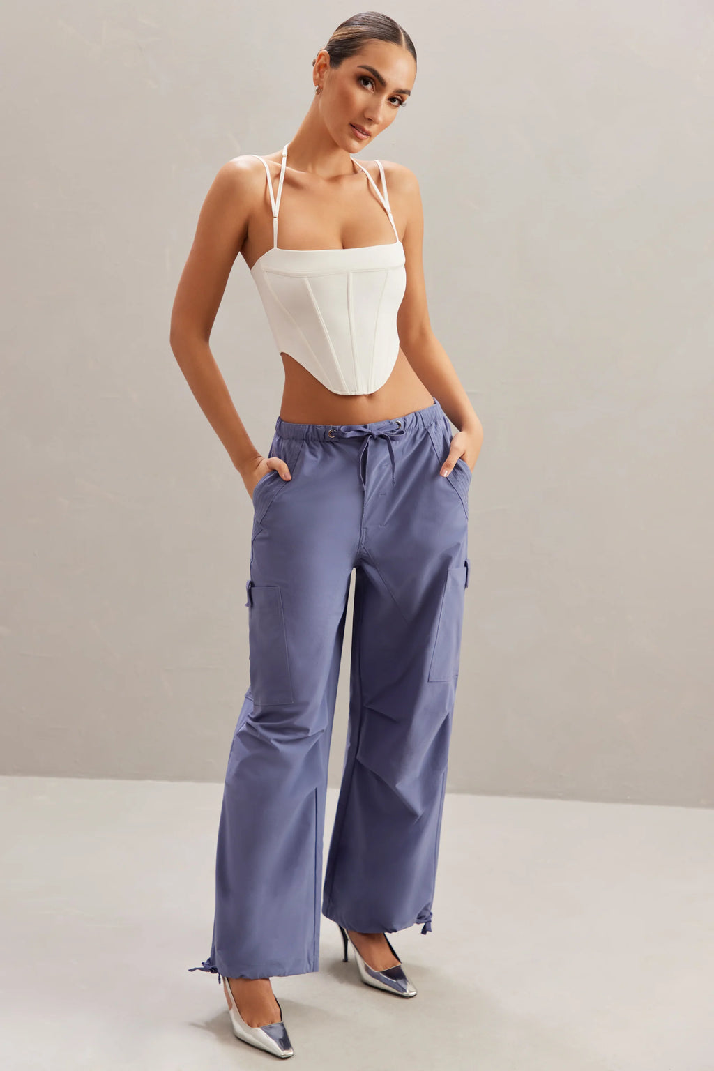 Petite Wide Leg Cargo Trousers in Dusty Blue
