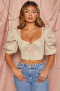 Little Too Lace Puff Sleeve Corset Crop Top in Cream