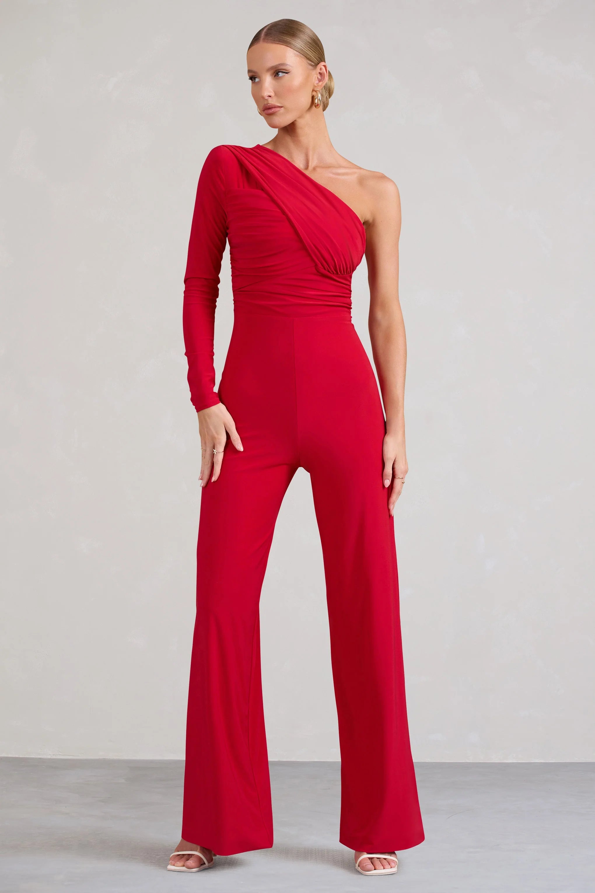 Mila | Red One Shoulder Ruched Wide Leg Jumpsuit