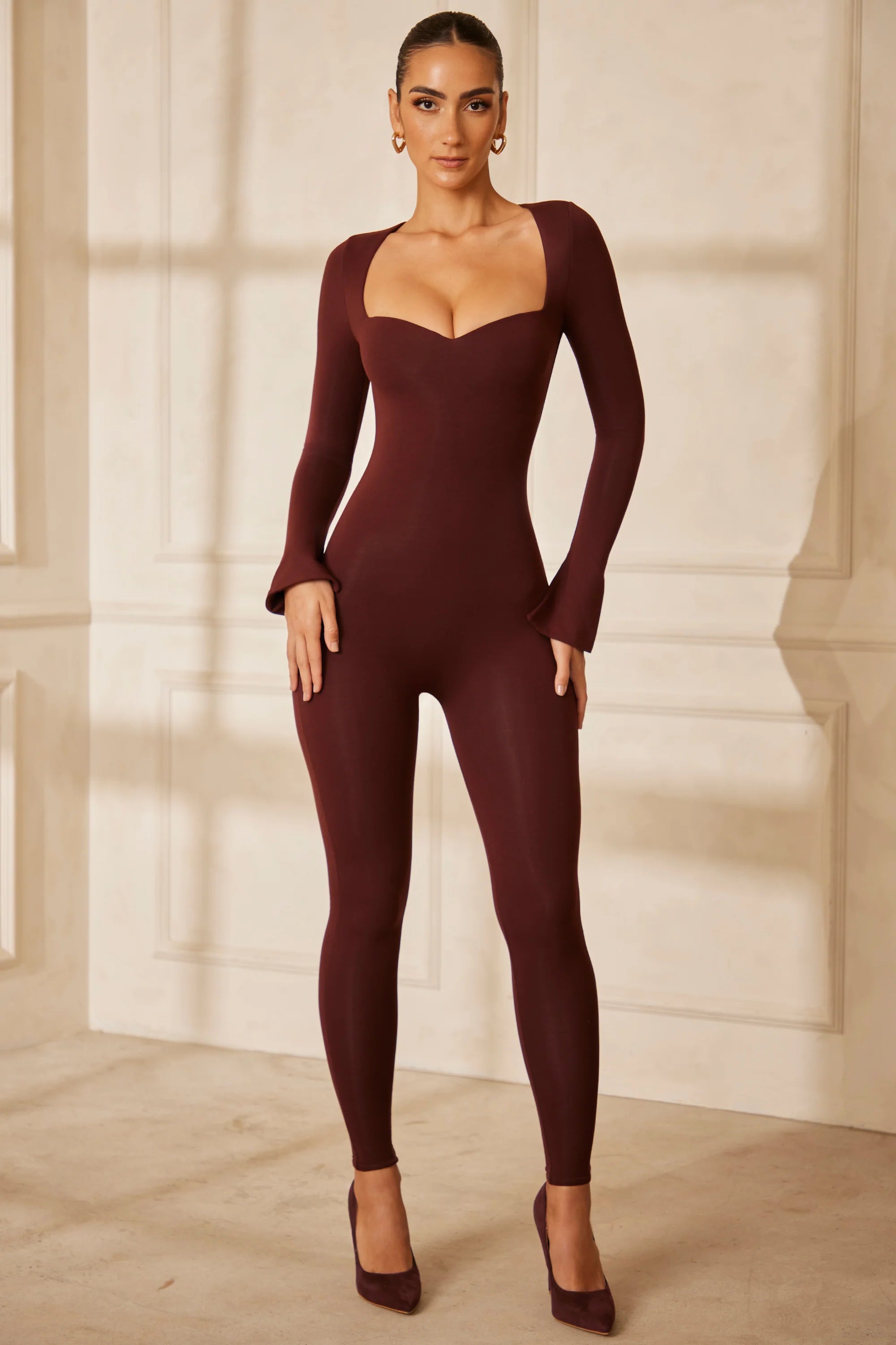 Tall Sweetheart Neckline Long Sleeve Jumpsuit in Brown
