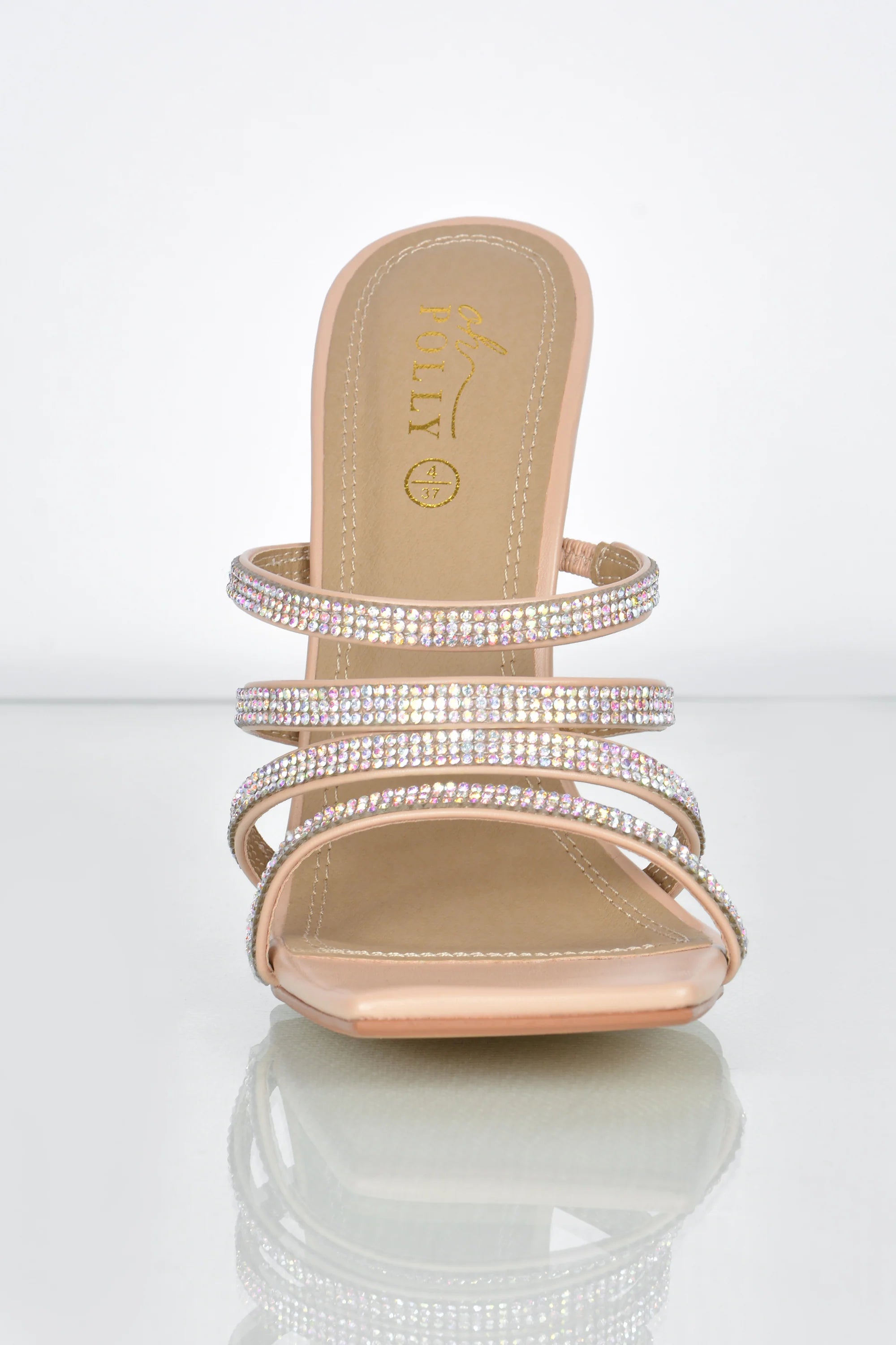 Raise The Bar Diamante Embellished Mule Heels in Nude