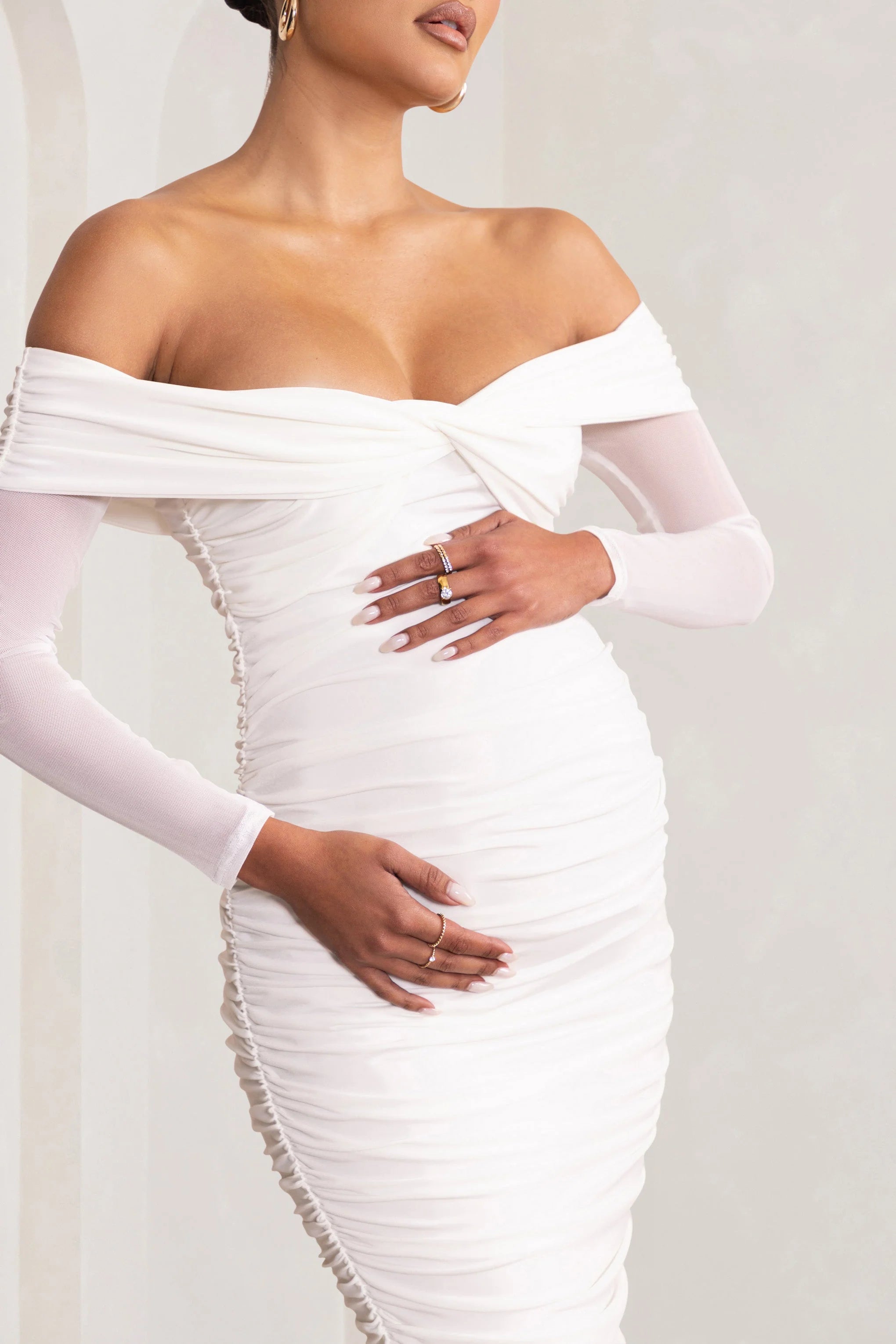 Neva | White Bardot Twist Maternity Midi Dress