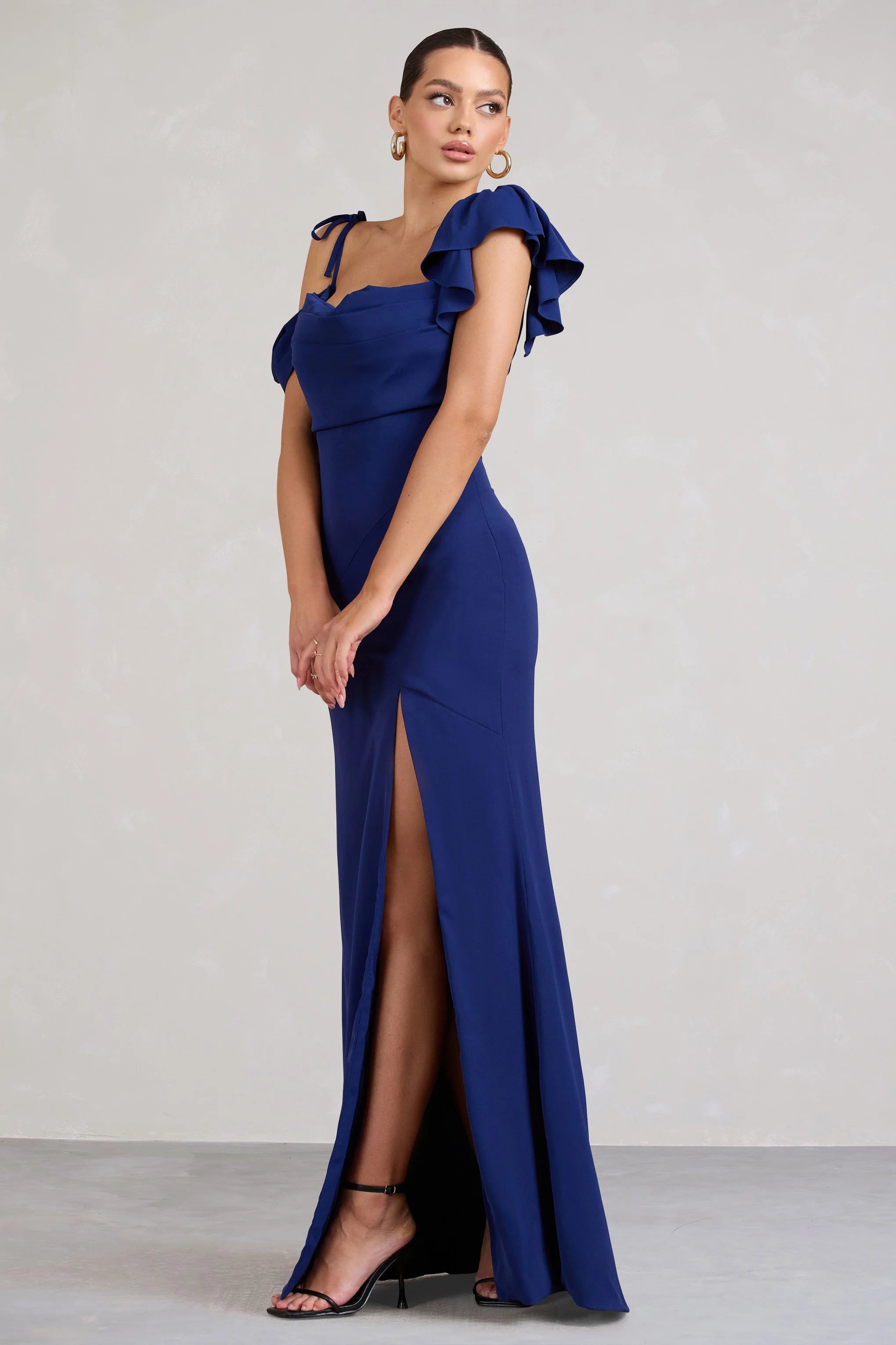 Merlot | Navy Asymmetric Draped Split Maxi Dress
