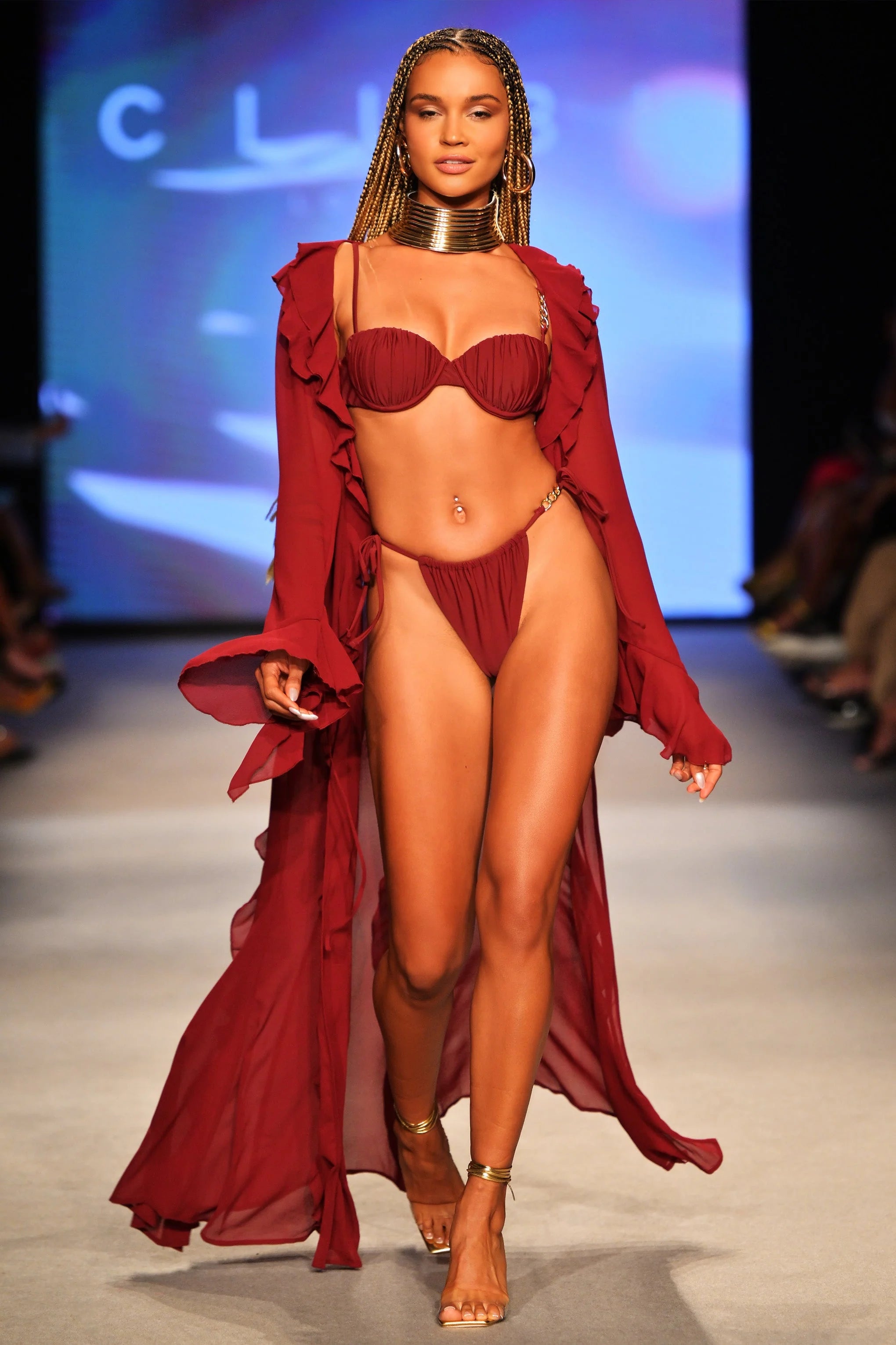 Cascades | Burgundy Long Sleeve Maxi Chiffon Ruffle Cover Up