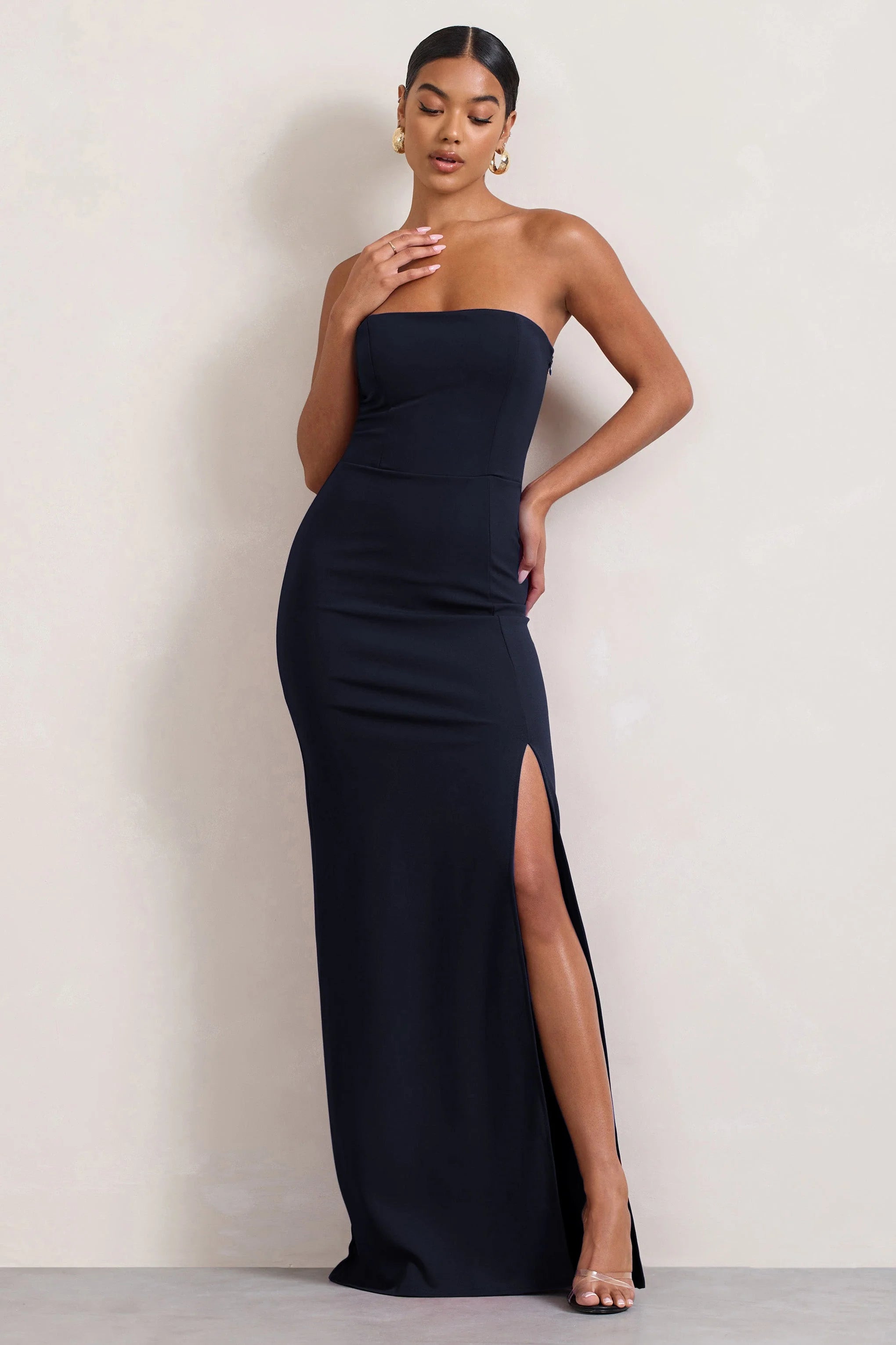 Belle of The Ball | Navy Bandeau Maxi Dress With Split Hem