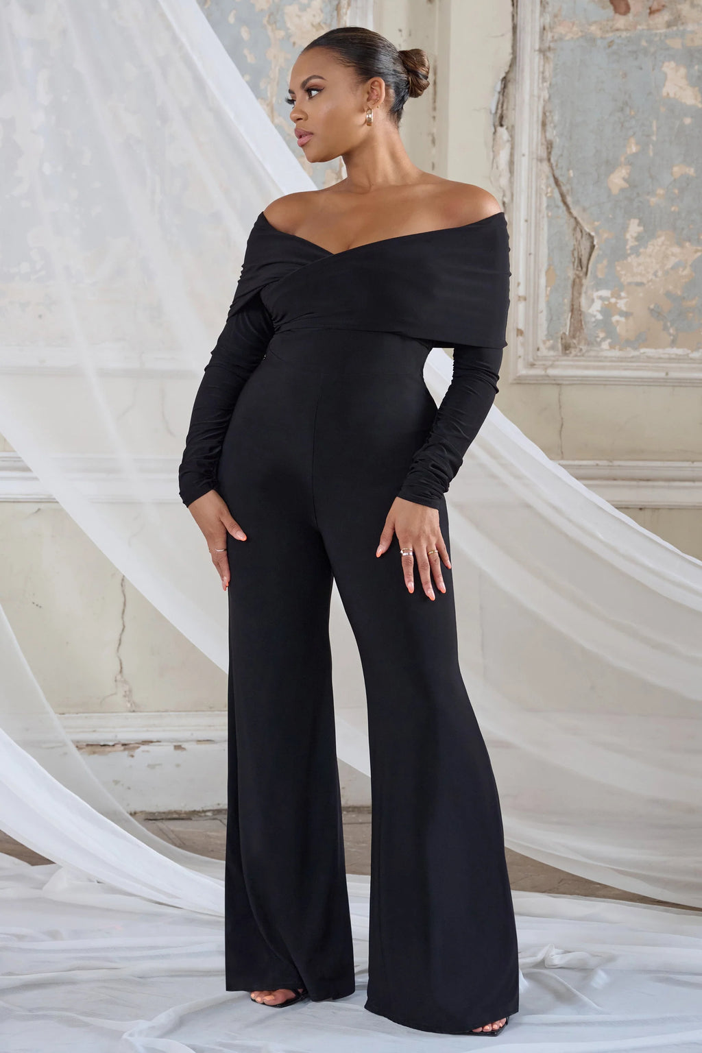 Hand On Heart | Black Twist Front Bardot Long Sleeve Jumpsuit