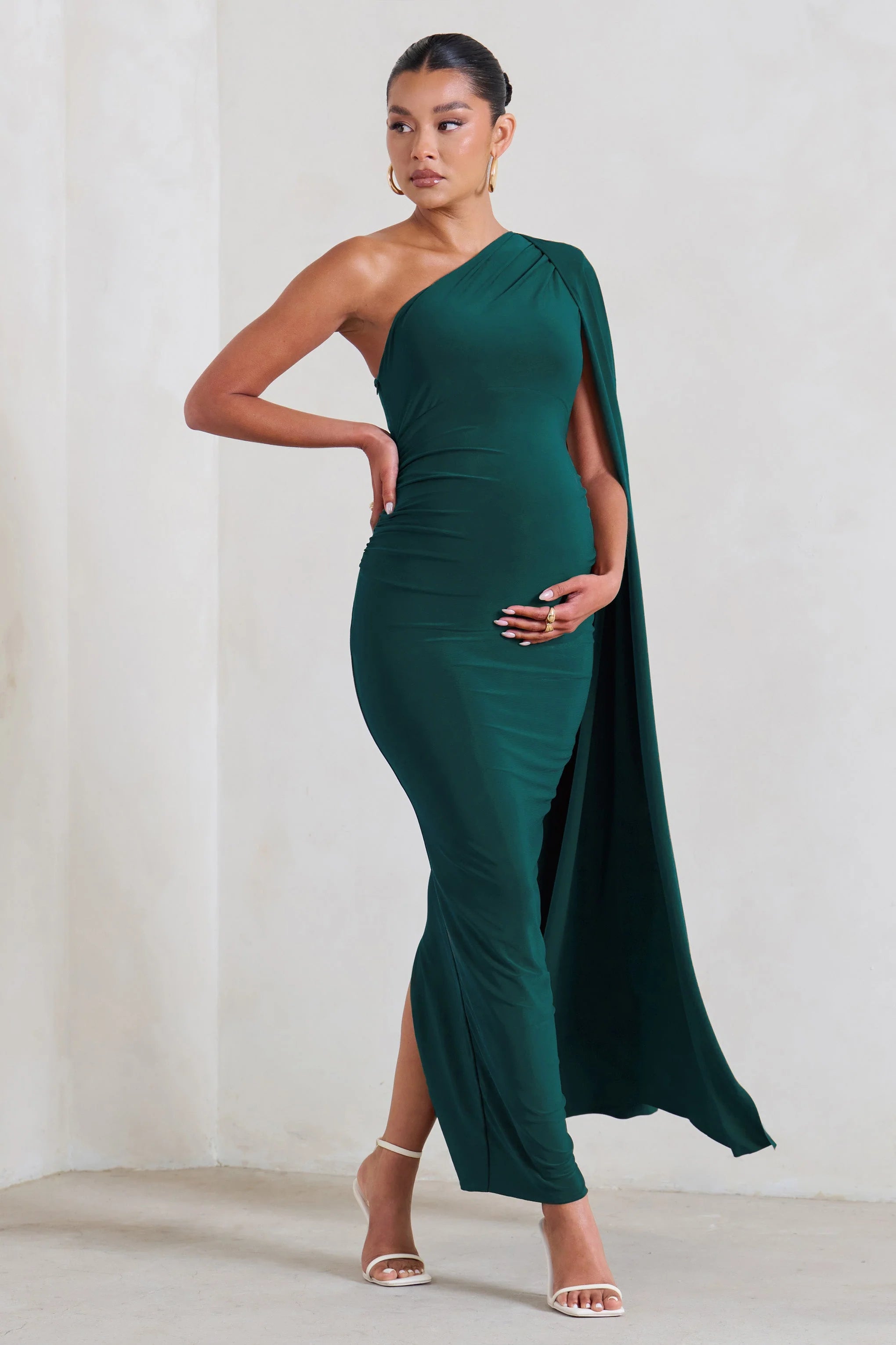 Amaryllis | Bottle Green Maternity One Shoulder Maxi Dress with Cape Sleeve