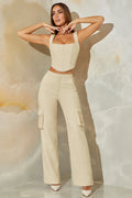 Tall Tweed Straight Leg Cargo Trousers in Stone