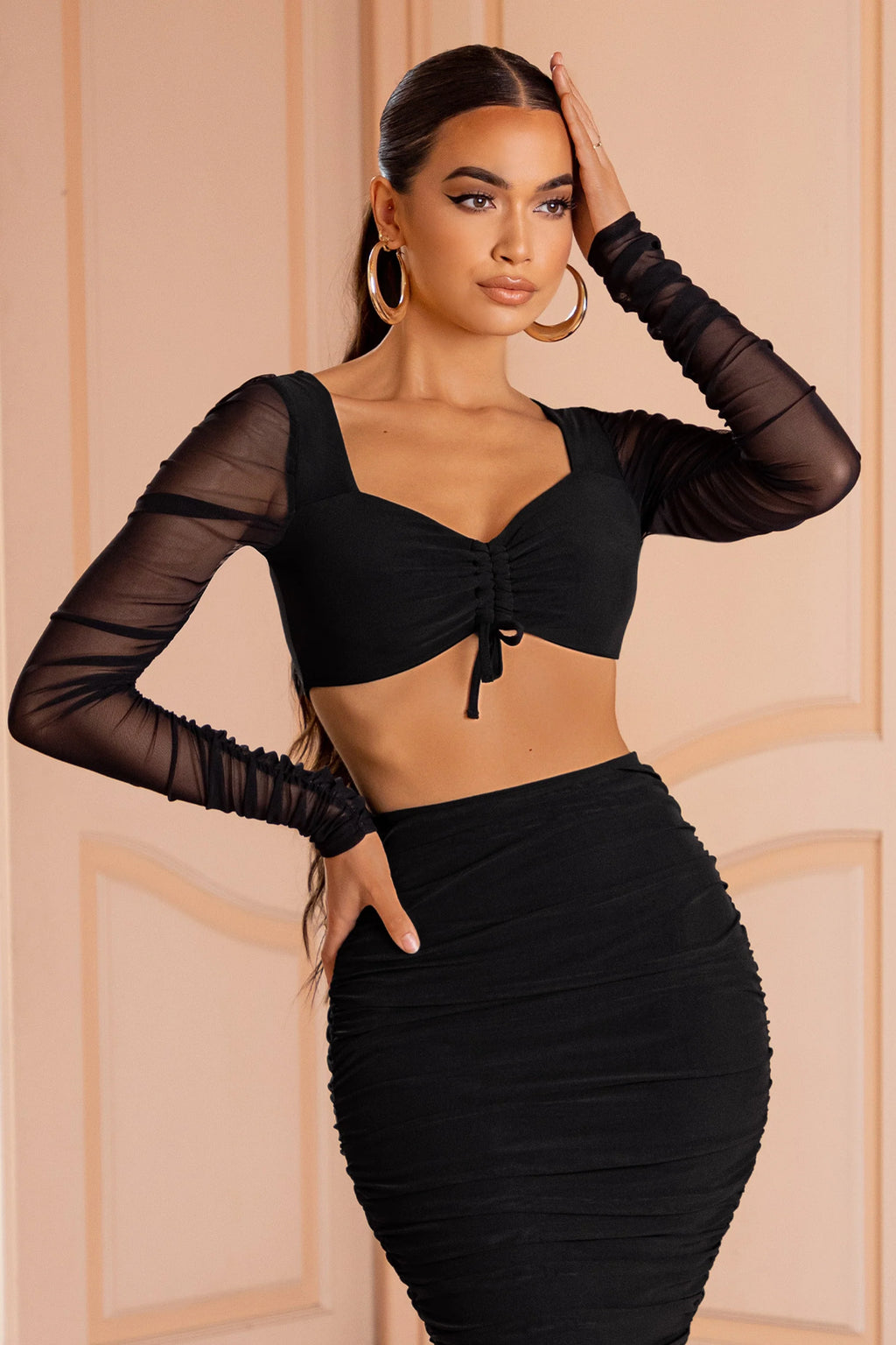 Down To You | Black Ruched Mesh Long Sleeve Top