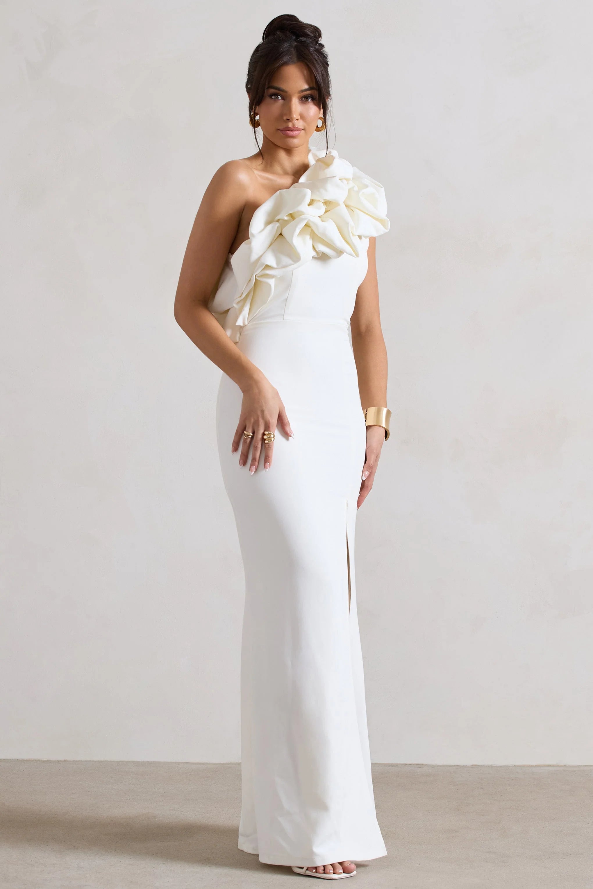 Vienne | White Asymmetric Ruffle Split Maxi Dress