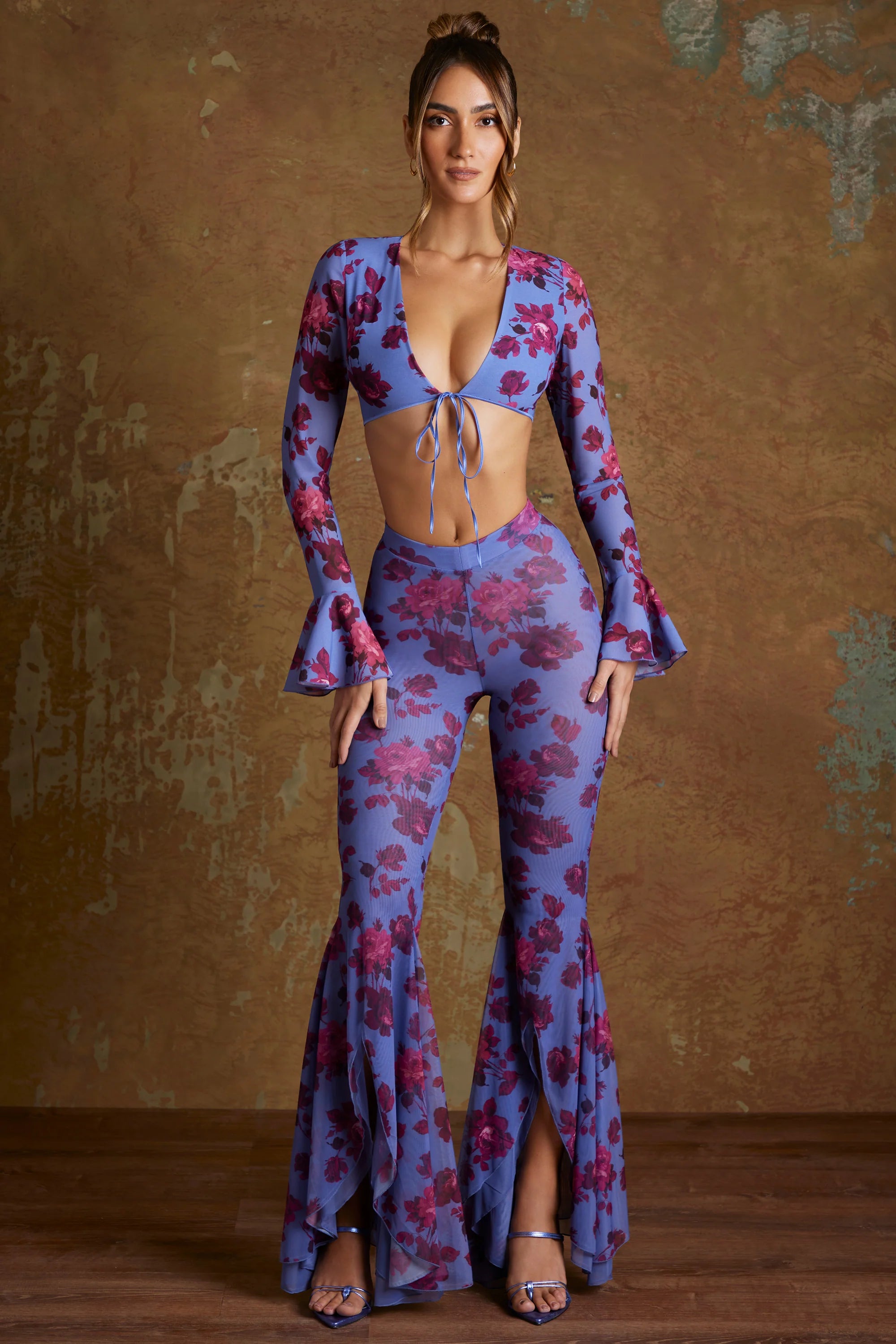 Tall Split Flare Ruffle Trousers in Periwinkle Print