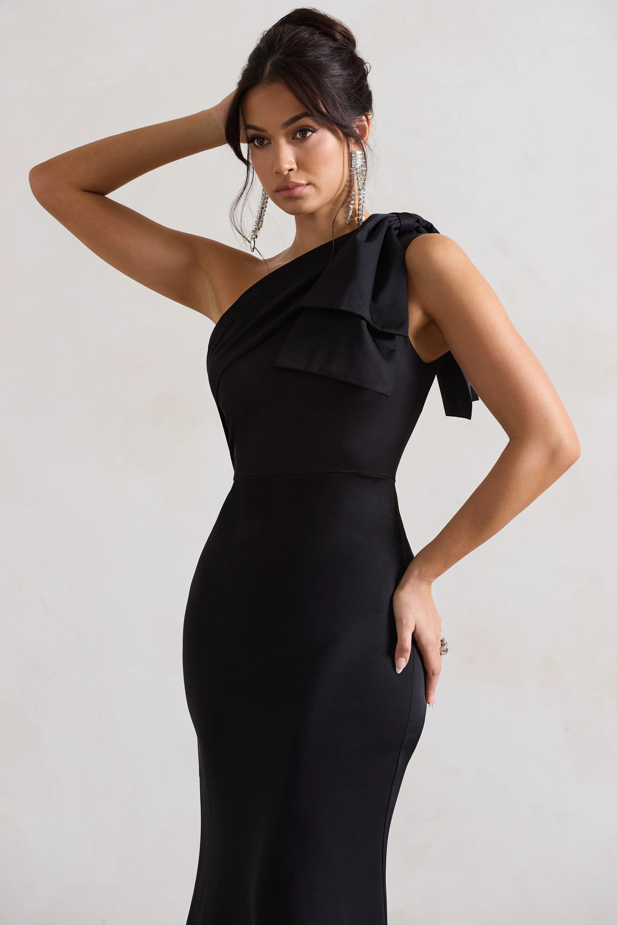 Lady | Black Satin Asymmetric Maxi Dress With Bow