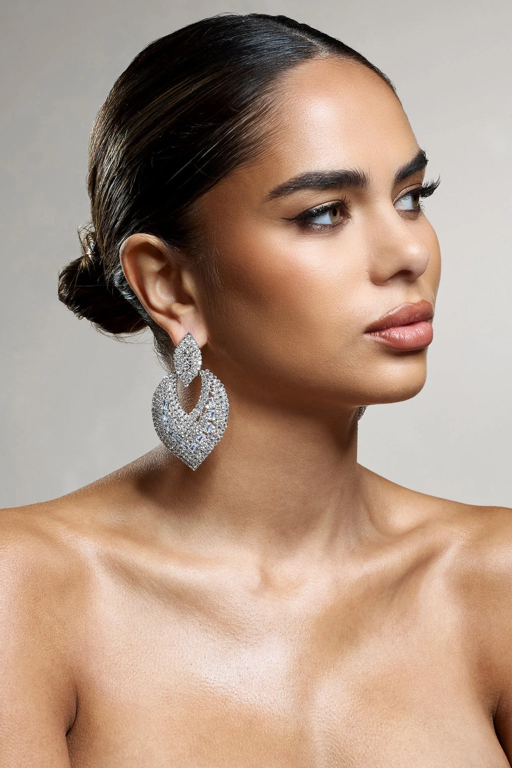 Miyo | Silver Diamante Leaf Drop Earrings