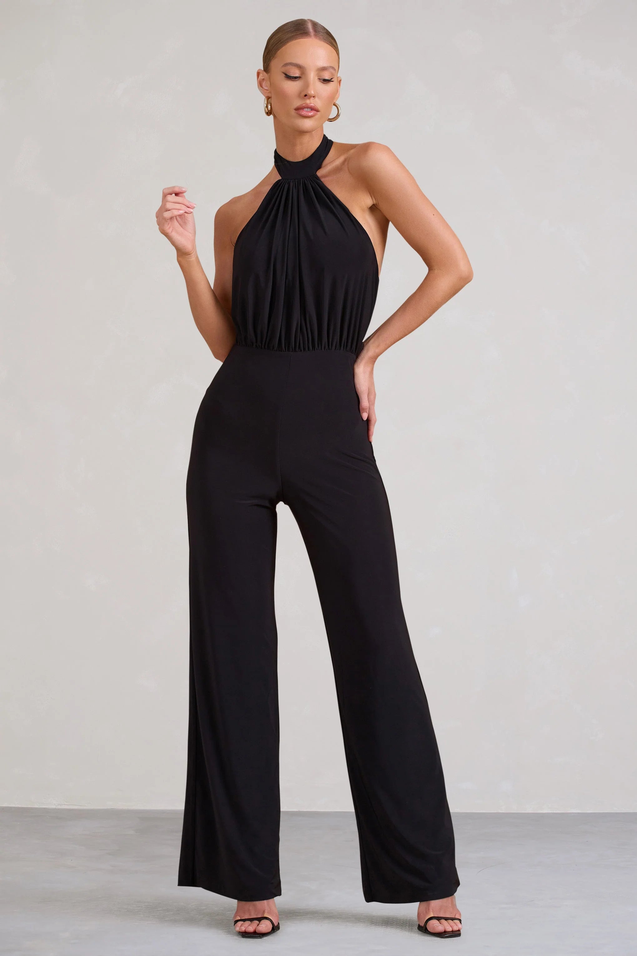 Maddie | Black Backless Halter Neck Ruched Jumpsuit