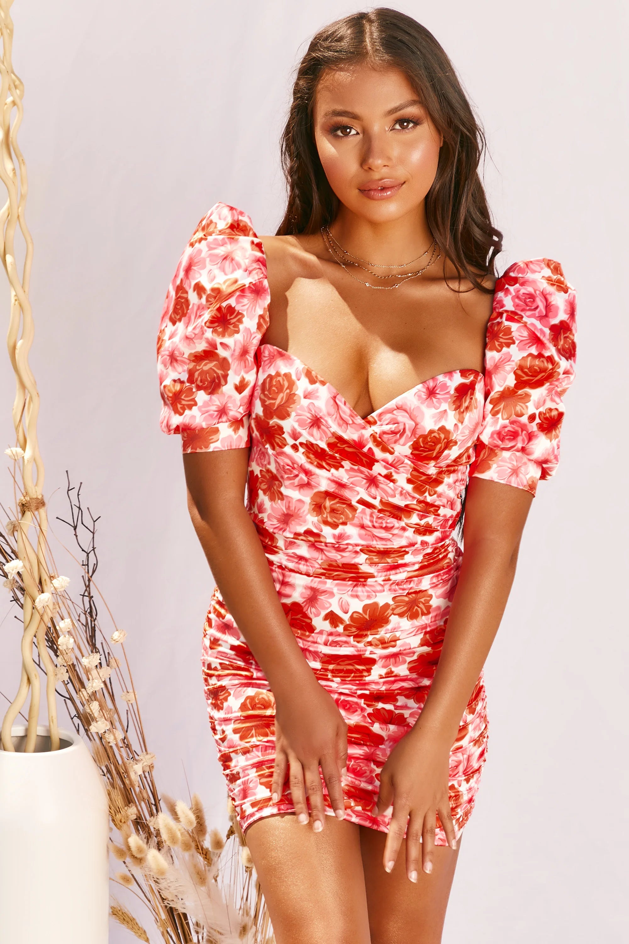 Puff Sleeve Wrap Front Mini Dress in Red