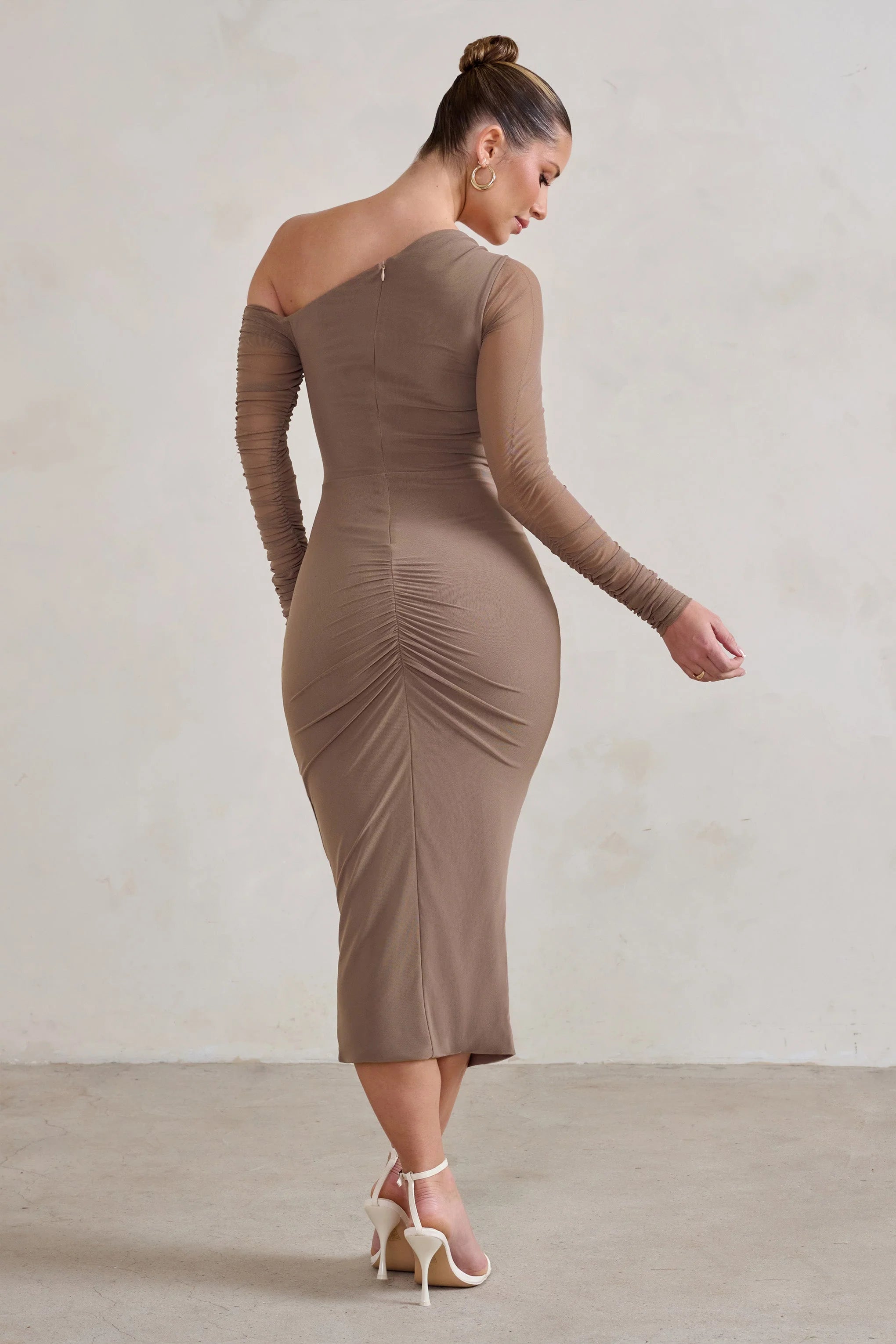Treasured | Mocha Asymmetric Mesh Long Sleeve Ruched Midi Dress