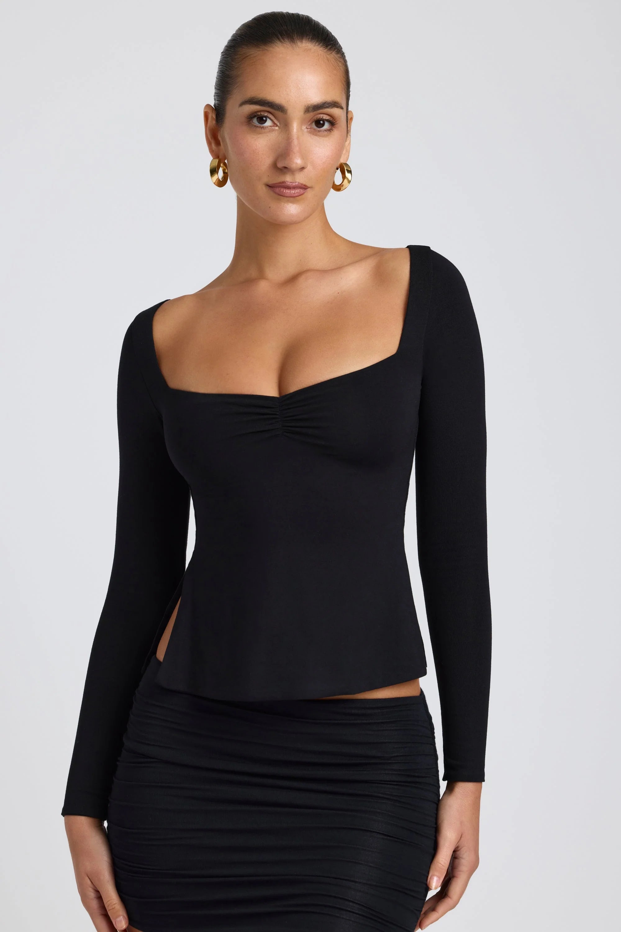 Modal Sweetheart Neckline Long Sleeve Top in Black