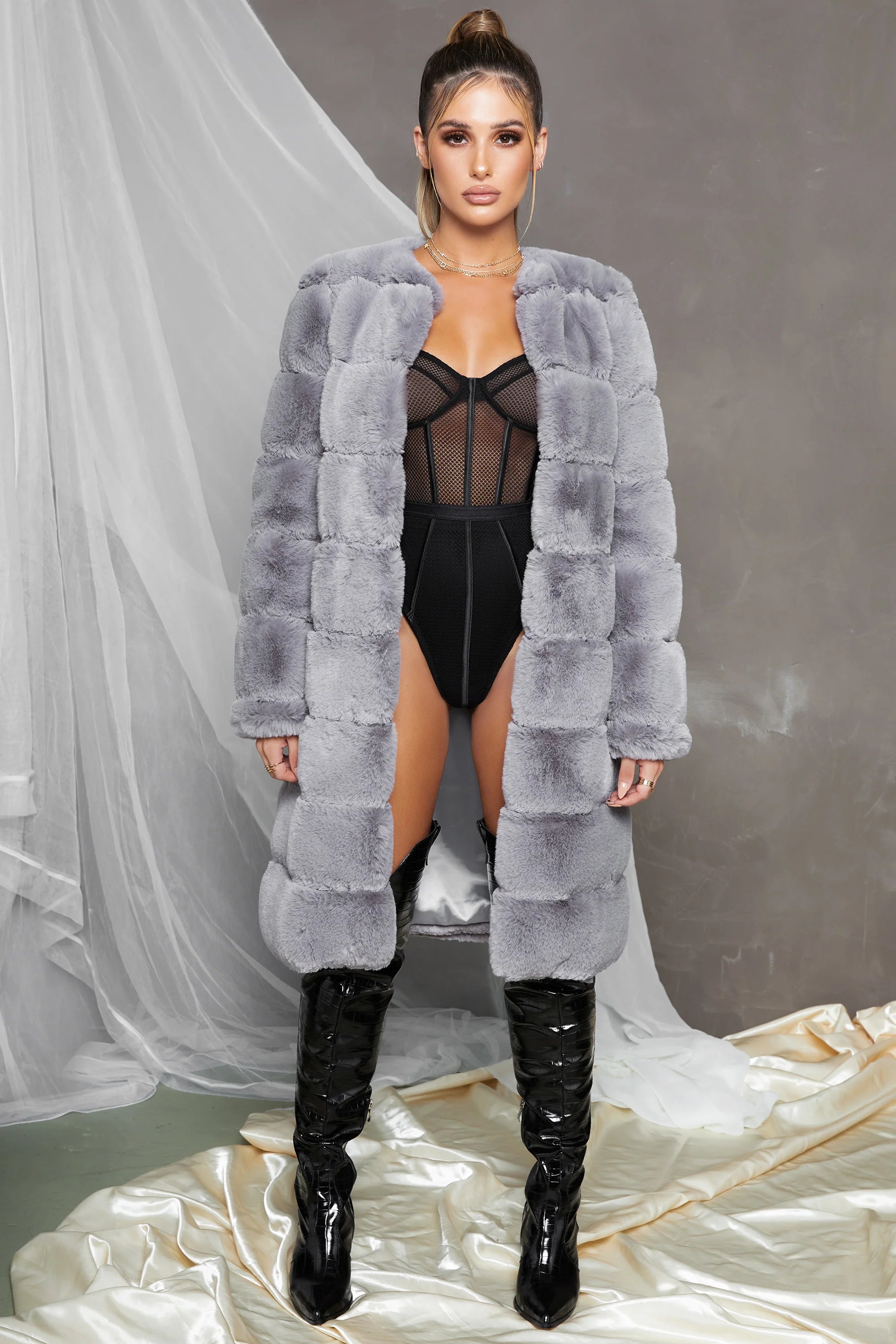Executive Longline Panel Faux Fur Coat in Grey